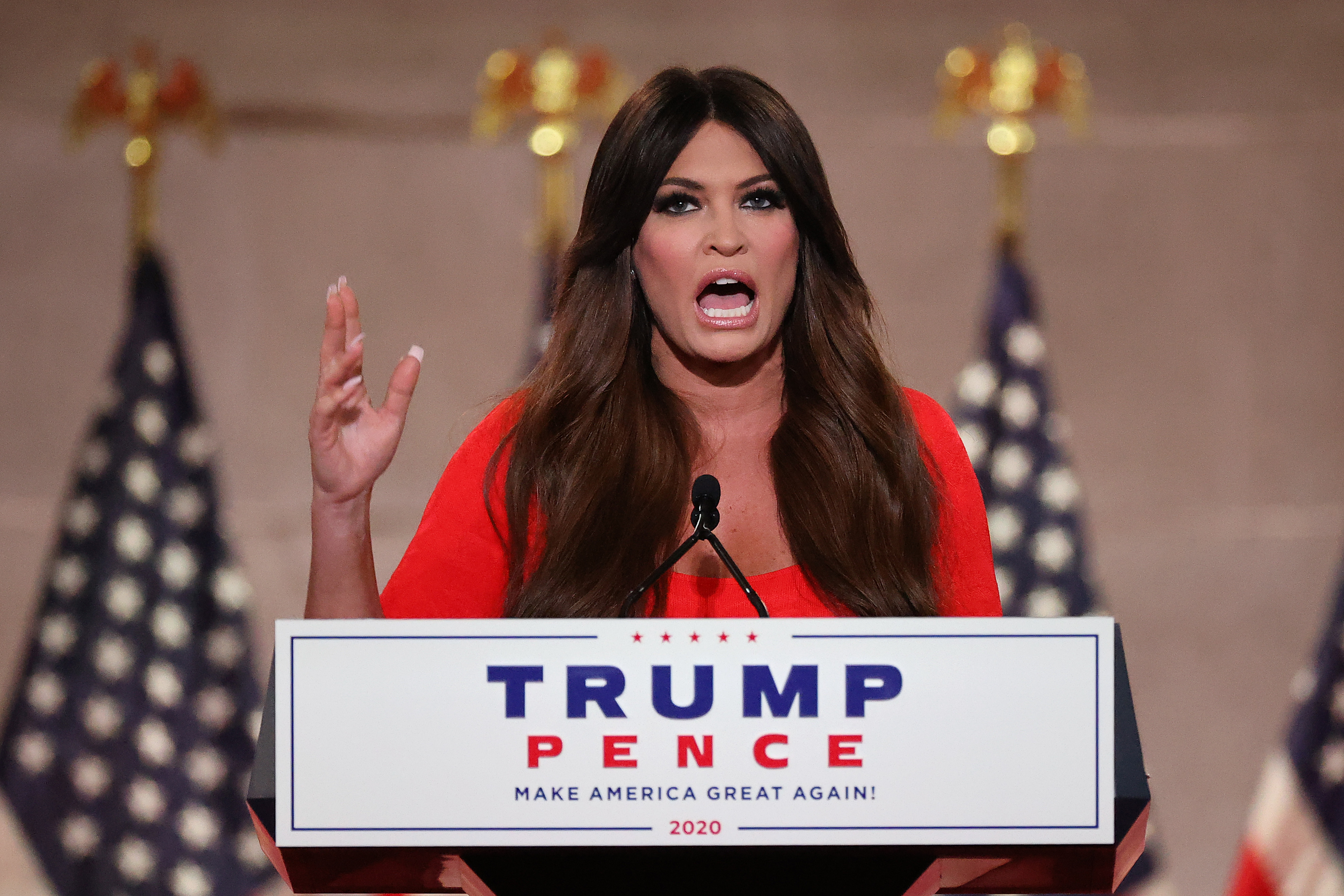 Kimberly Guilfoyle pre-records her address to the Republican National Convention at the Mellon Auditorium in Washington, DC, on Aug. 24, 2020. (Chip Somodevilla / Getty Images)