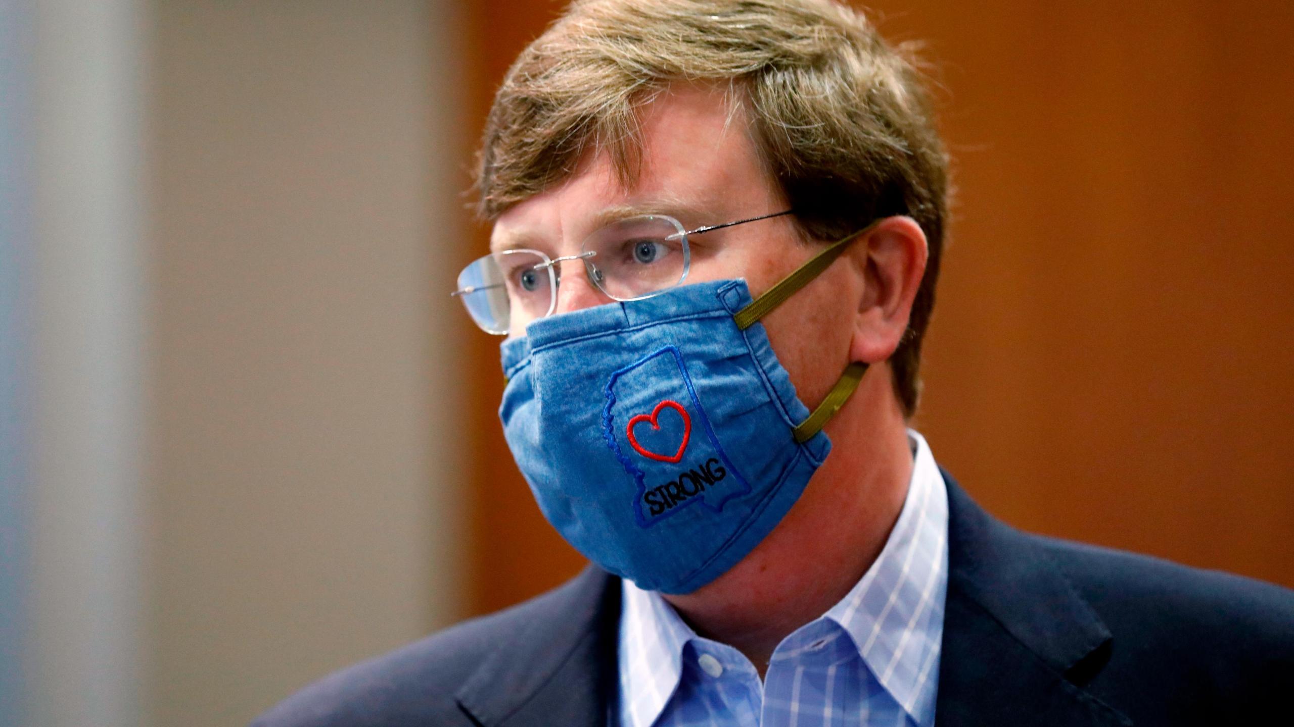 Gov. Tate Reeves sports a "Mississippi Strong" face mask following a July 8, 2020, coronavirus news briefing in Jackson. (Rogelio V. Solis/AP)