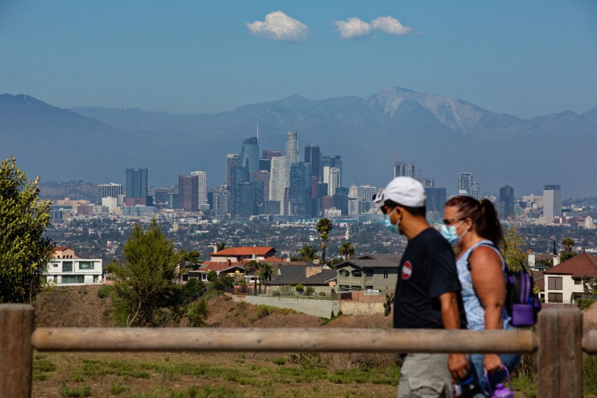 People enjoy a hike at the Kenneth Hahn State Recreation Area in Los Angeles on Aug. 8. (Jason Armond/Los Angeles Times)