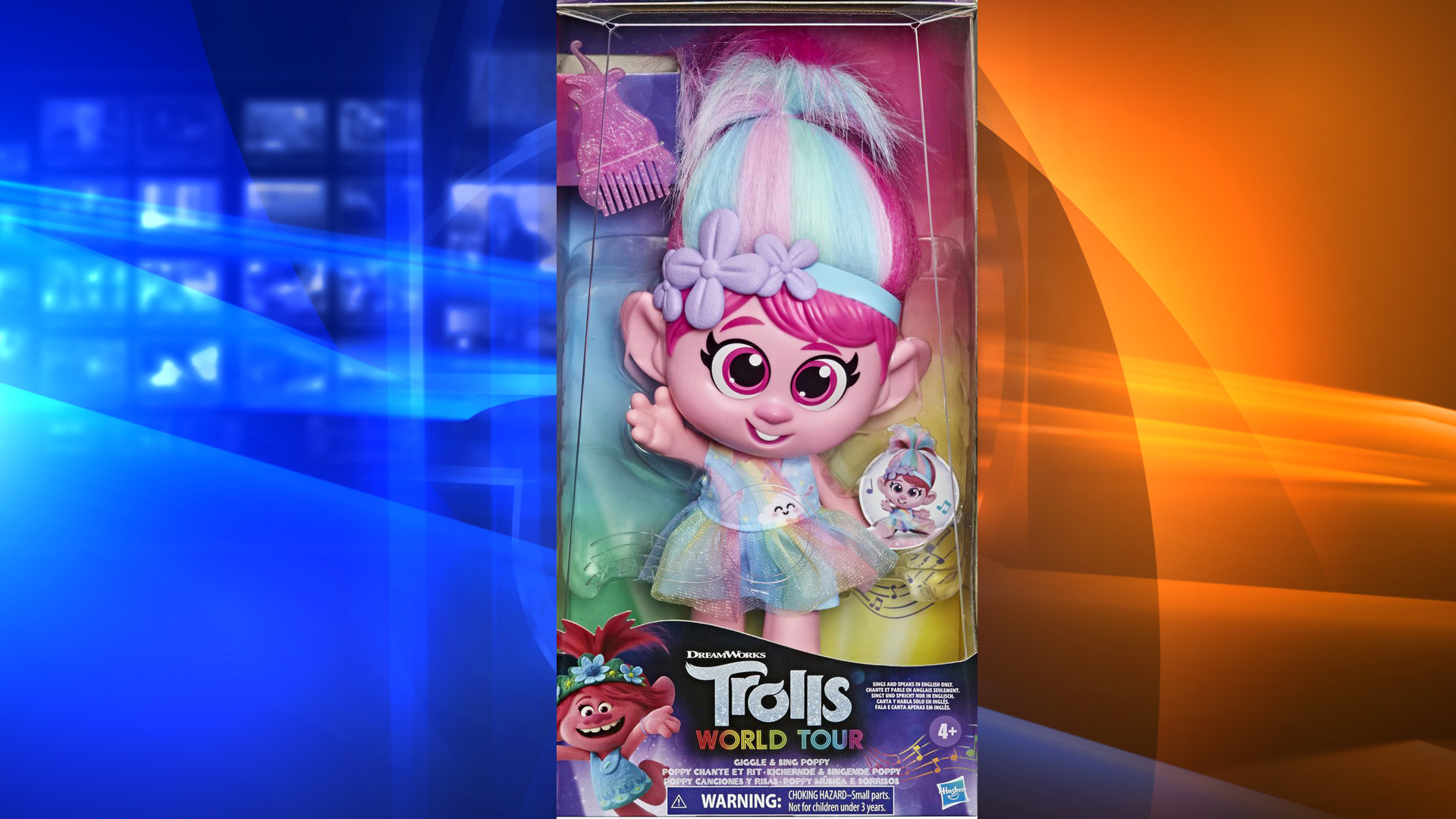 Hasbro is removing the "Trolls World Tour Giggle and Sing Poppy" doll from stores amid complaints that the button under her skirt is inappropriately placed. (Walmart)