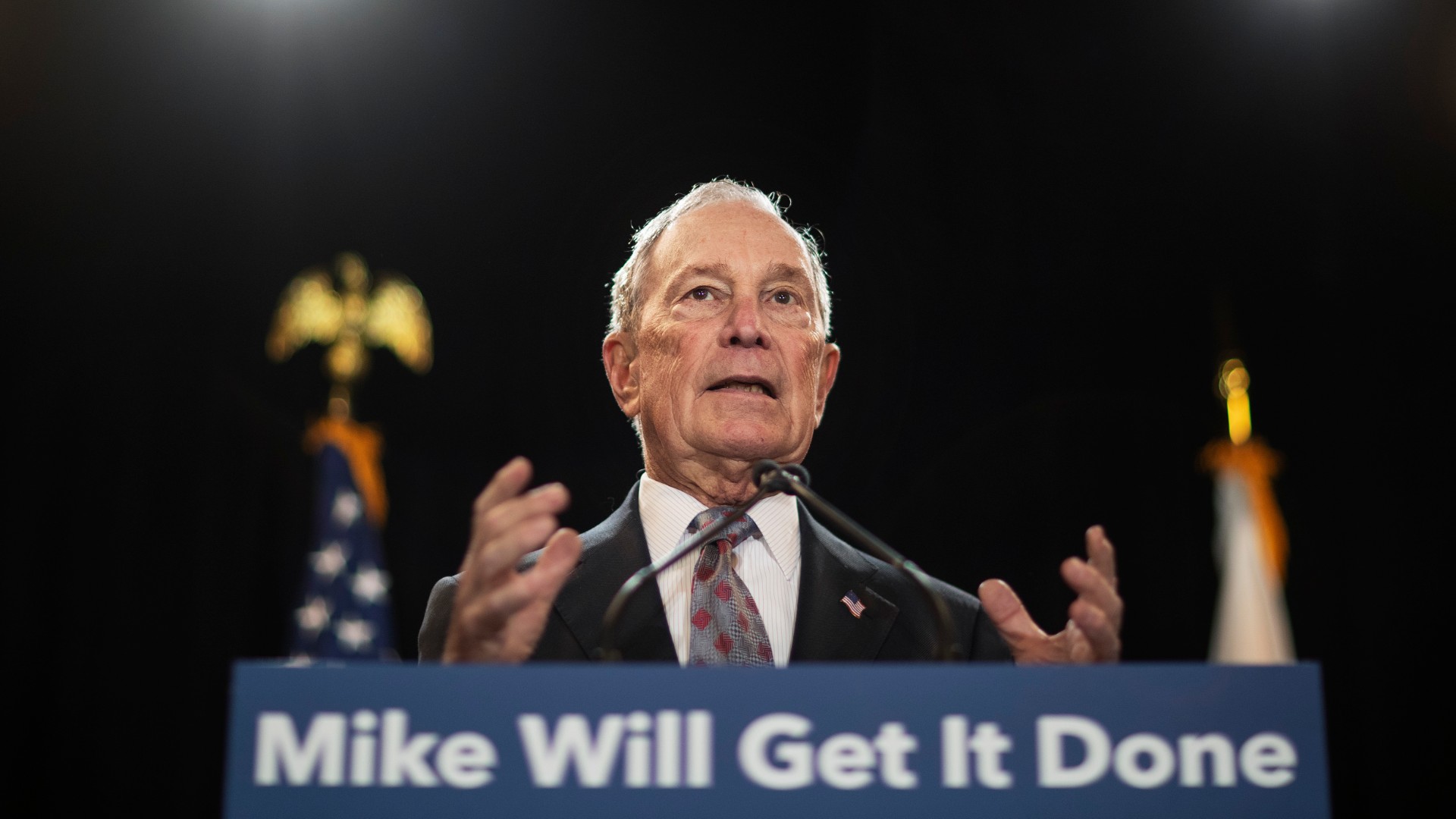 In this Feb. 5, 2020, file photo, then-Democratic presidential candidate and former New York City Mayor Michael Bloomberg speaks at a campaign event in Providence, R.I. Bloomberg has come through on his vow to spend “whatever it takes” to defeat President Donald Trump. (AP Photo/David Goldman, File)