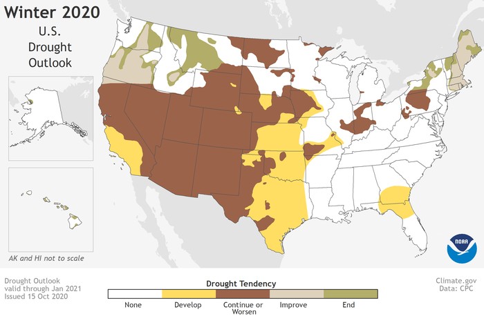 This seasonal U.S. Drought Outlook map for November 2020 through January 2021 predicts persistent drought across much of the Western U.S. in the months ahead. (NOAA Climate.gov based on NWS CPC data)