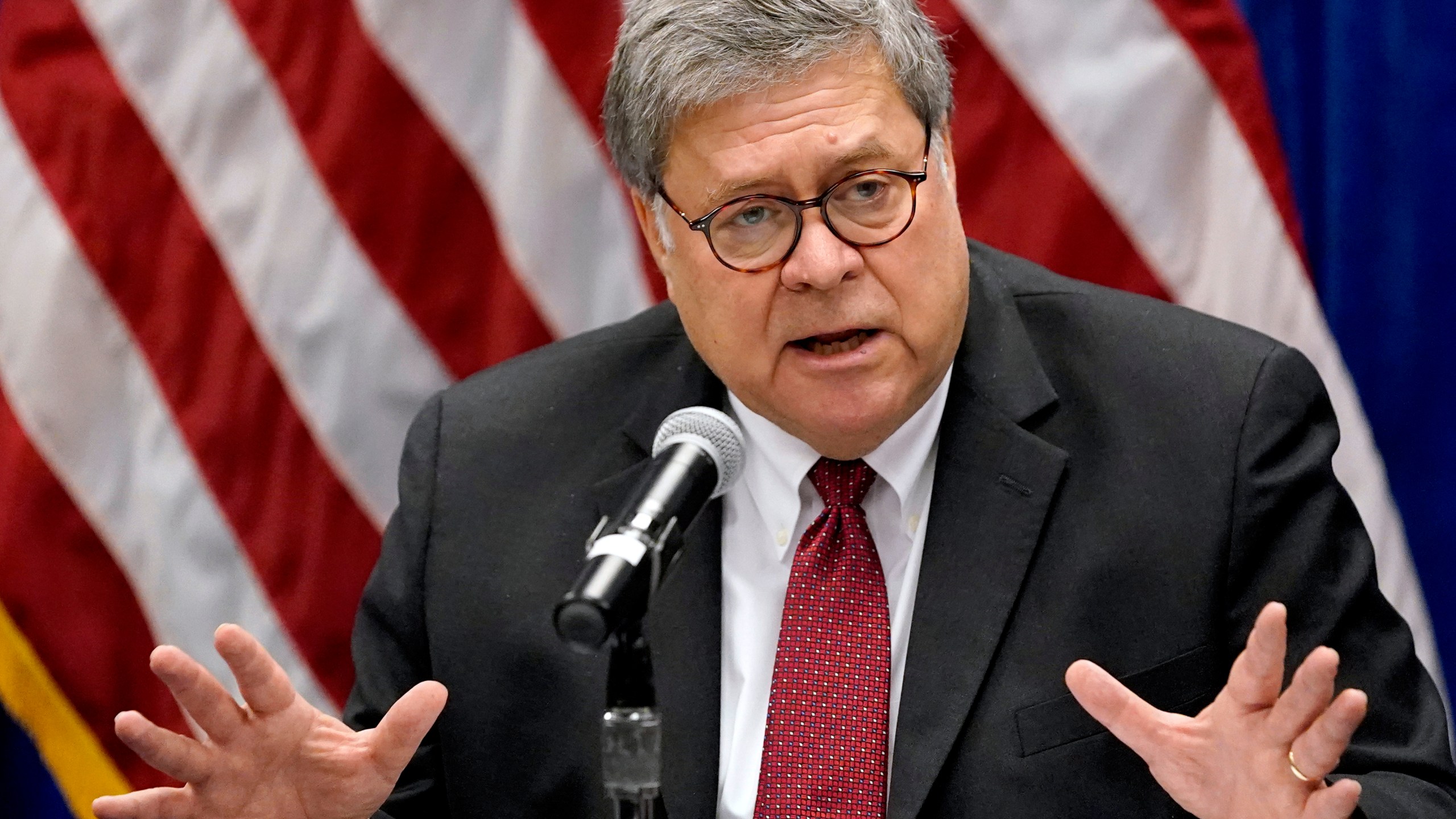 Attorney General William Barr speaks during a roundtable discussion on Operation Legend, a federal program to help cities combat violent crime, in St. Louis on Oct. 15, 2020. (Jeff Roberson / Associated Press)