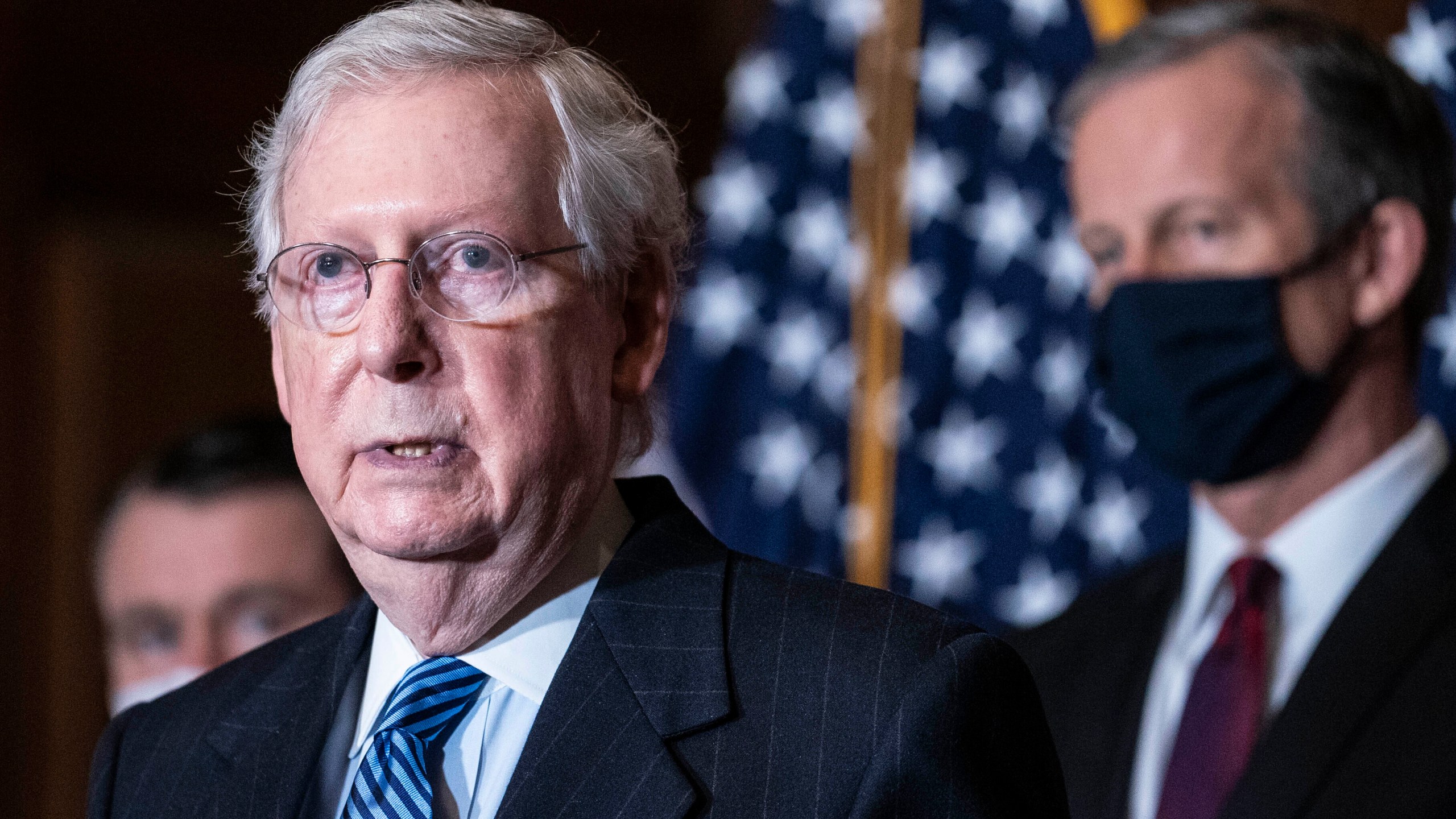Senate Majority Leader Mitch McConnell of Kentucky speaks during a news conference following a weekly meeting with the Senate Republican caucus on Dec. 8. 2020, at the Capitol in Washington. (Sarah Silbiger / Associated Press)