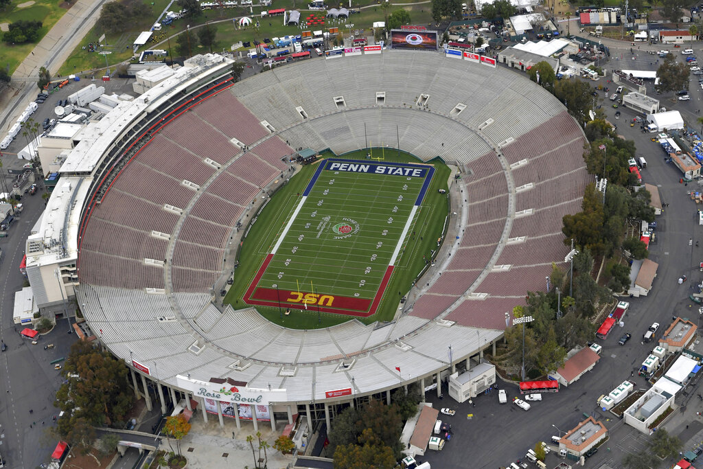 This Jan. 2, 2017, file pool photo, shows an aerial view of the empty Rose Bowl stadium before to the Rose Bowl NCAA college football game between Southern California and Penn State in Pasadena. (The Tournament of Roses via AP, Pool, File)