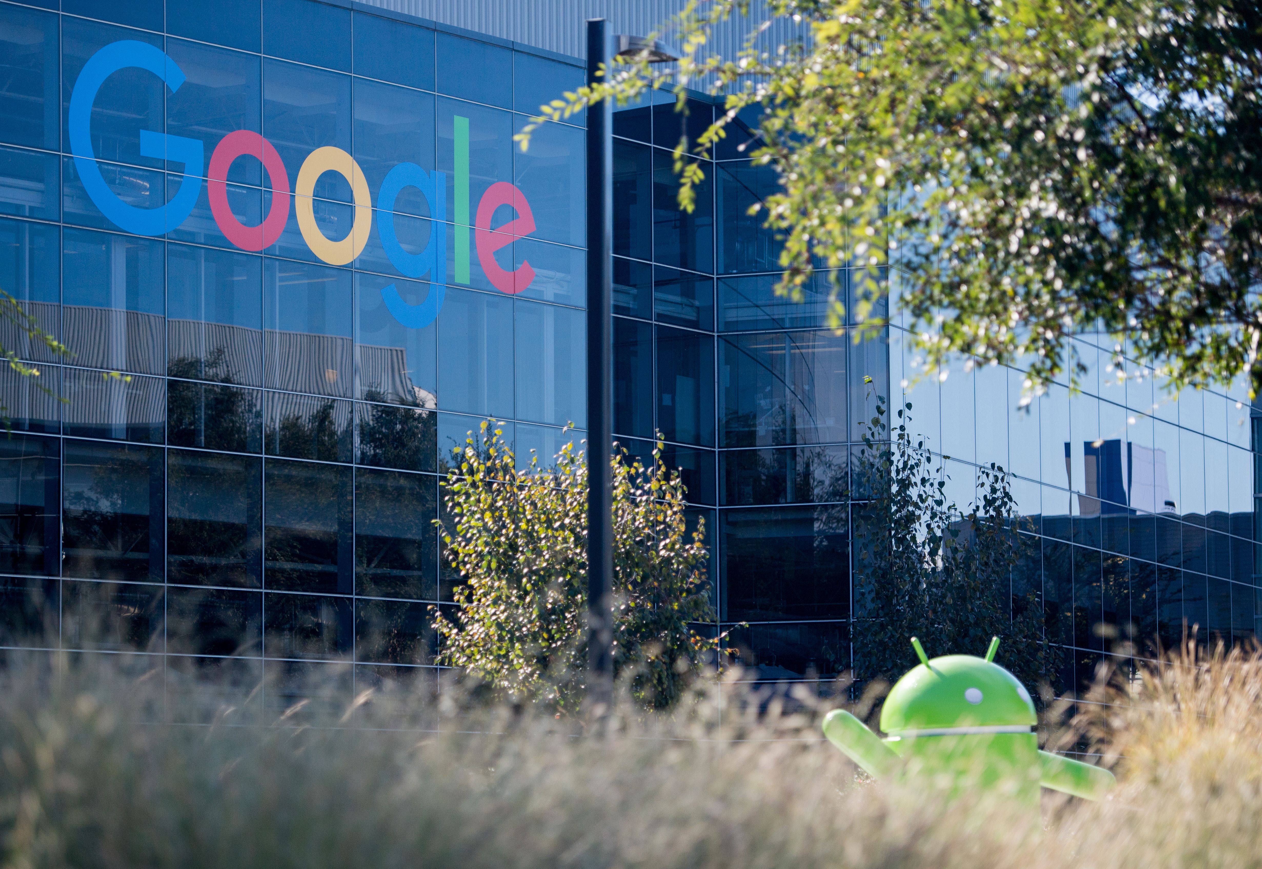 A Google logo and Android statue are seen at the Googleplex in Menlo Park, California on Nov. 4, 2016. (Josh Edelson/AFP via Getty Images)