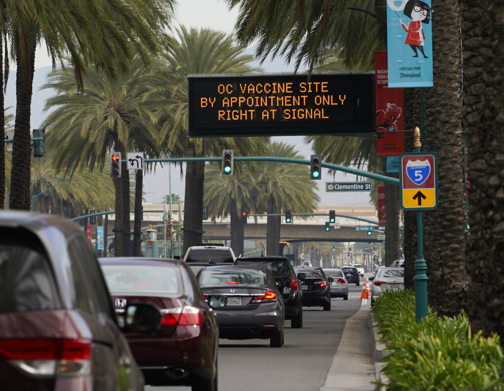 Vehicles queue up outside the Disneyland Resort parking for a COVID-19 vaccine in Anaheim, Calif., Wednesday, Jan. 13, 2021. The parking lot is located off Katella Avenue and sits southeast of Disneyland. California is immediately allowing residents 65 and older to get scarce coronavirus vaccines, Gov. Gavin Newsom announced Wednesday. (AP Photo/Damian Dovarganes)