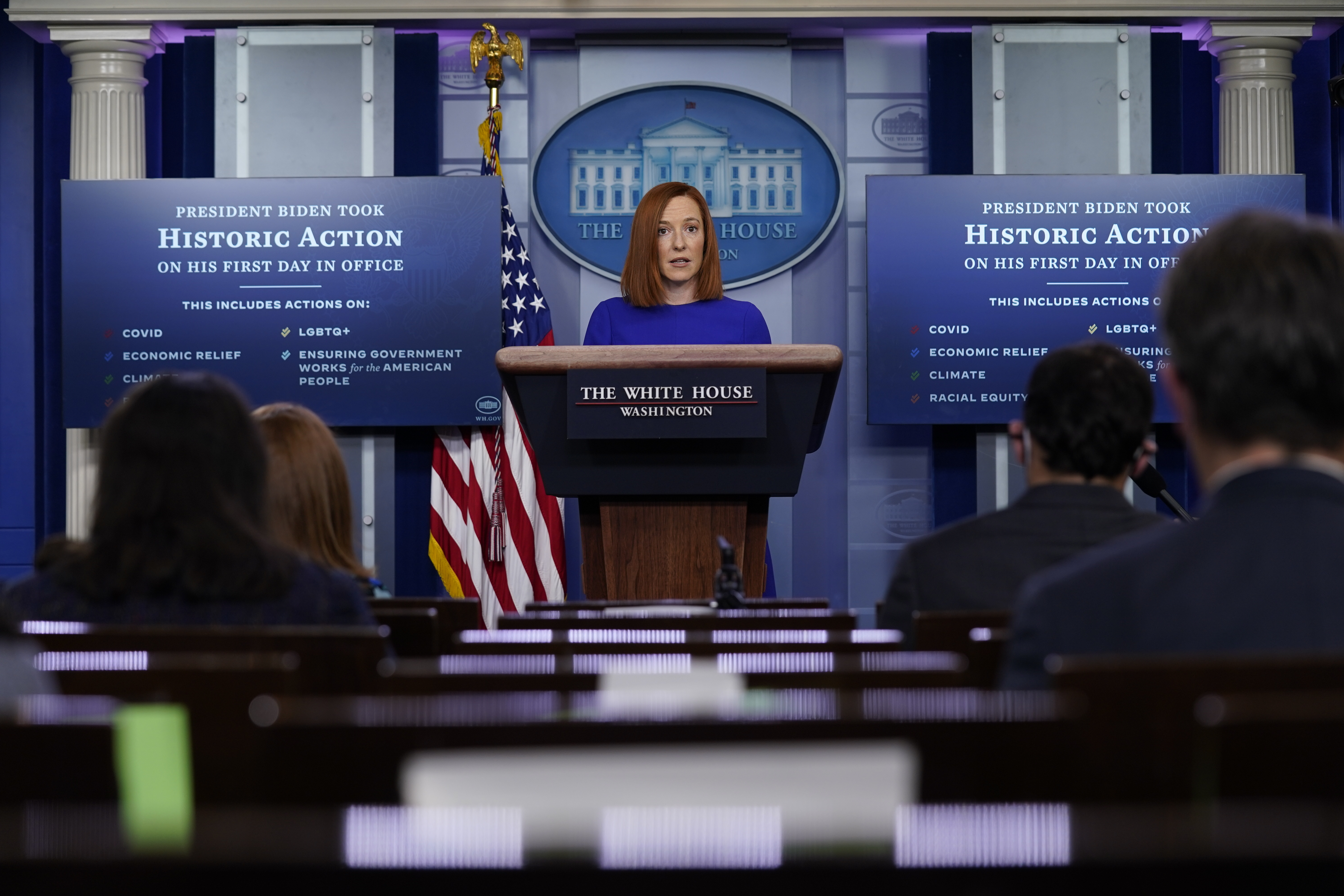 White House press secretary Jen Psaki speaks during a press briefing at the White House on Jan. 20, 2021. (Evan Vucci/Associated Press)