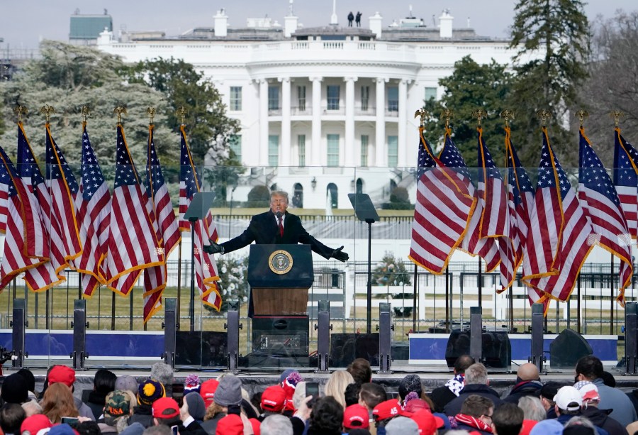In this Jan. 6, 2021, file photo with the White House in the background, President Donald Trump speaks at a rally in Washington. (AP Photo/Jacquelyn Martin, File)