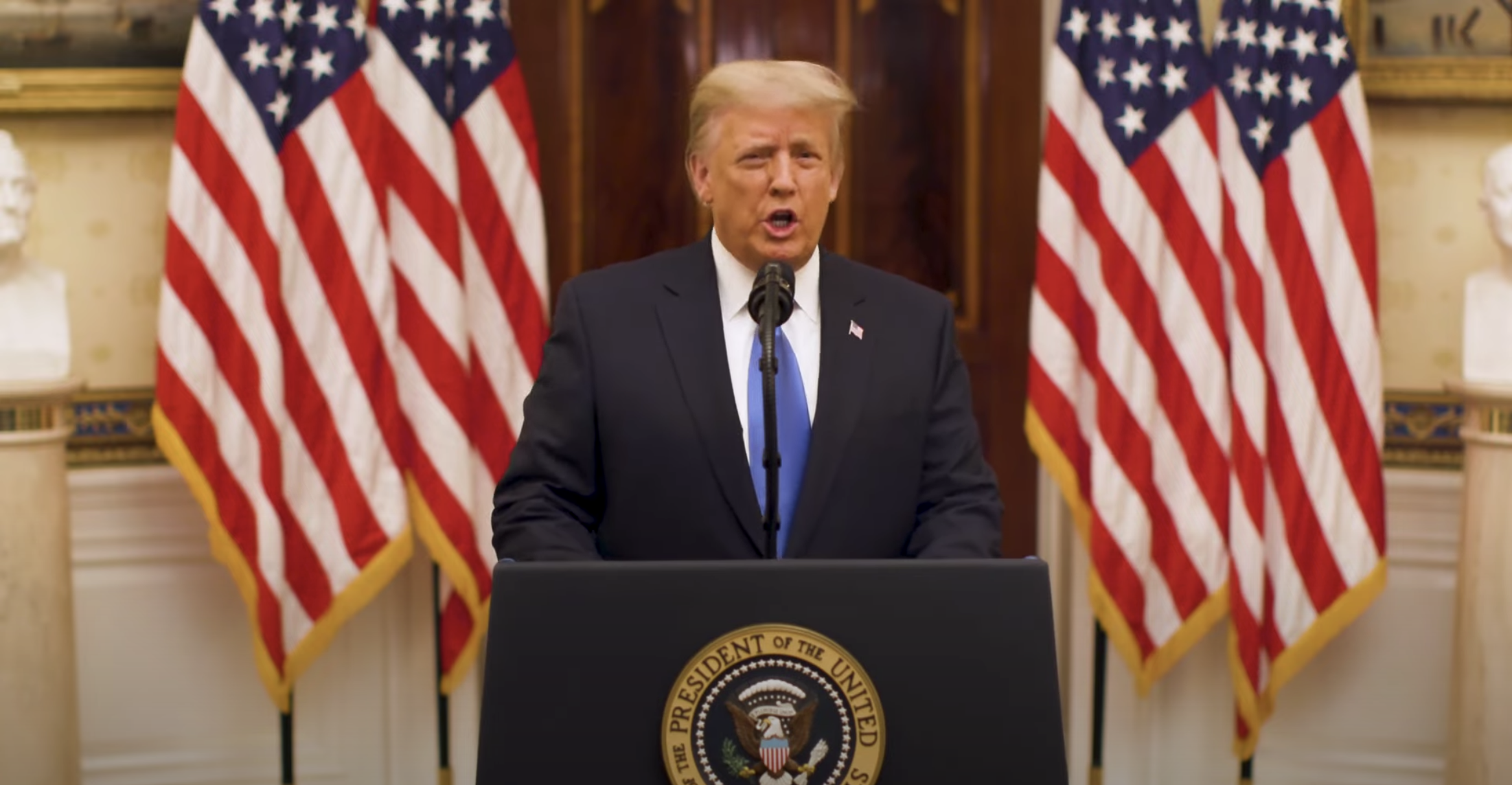 Outgoing President Donald Trump delivers a farewell address in a still from a video posted to the White House YouTube account on Jan. 19, 2021.