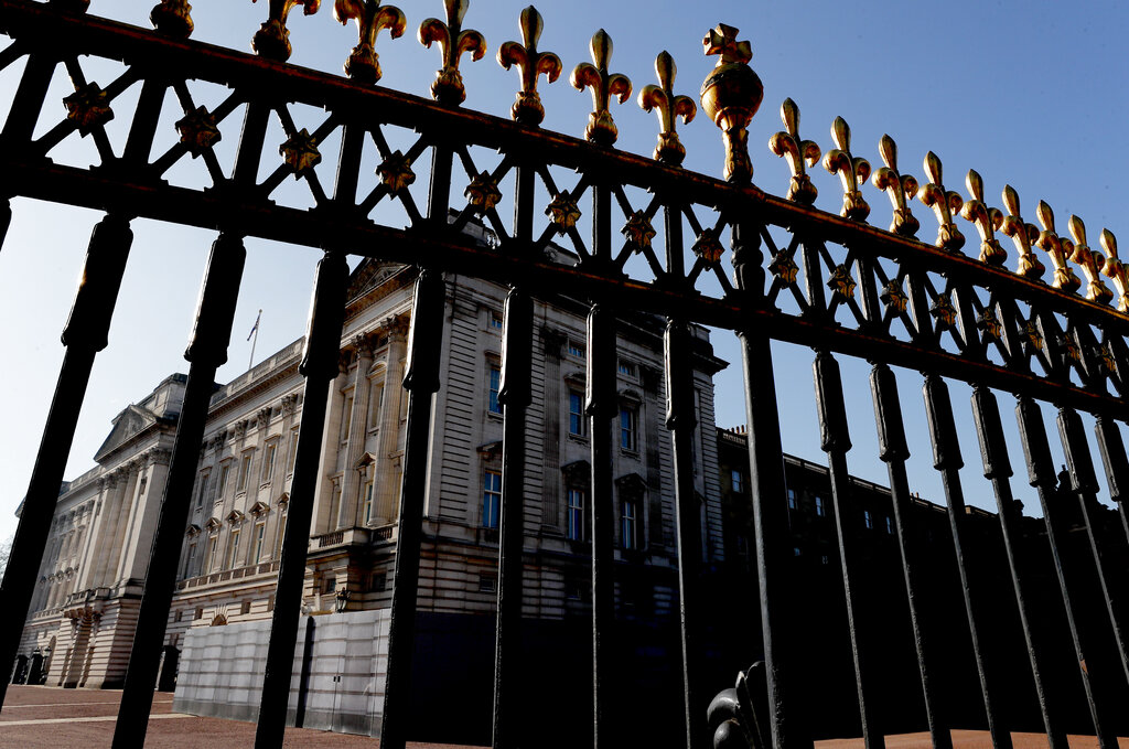 A view of Buckingham Palace, in London, Tuesday, March 9, 2021. (AP Photo/Frank Augstein)