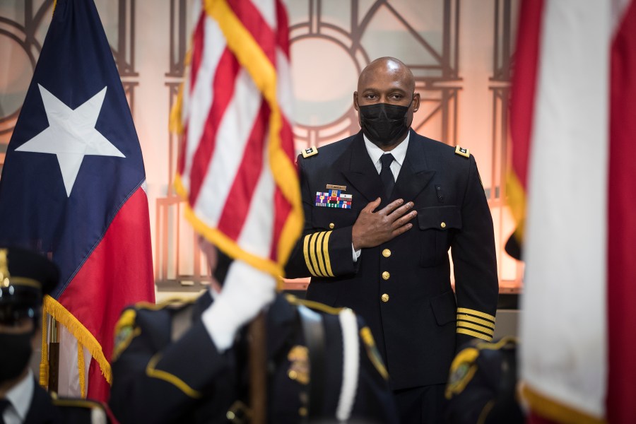 In this April 5, 2021, file photo, Houston Police Chief New Houston Police Chief Troy Finner stands for the national anthem before being sworn in as HPD's newest leader at City Hall in Houston. (Brett Coomer/Houston Chronicle via AP)