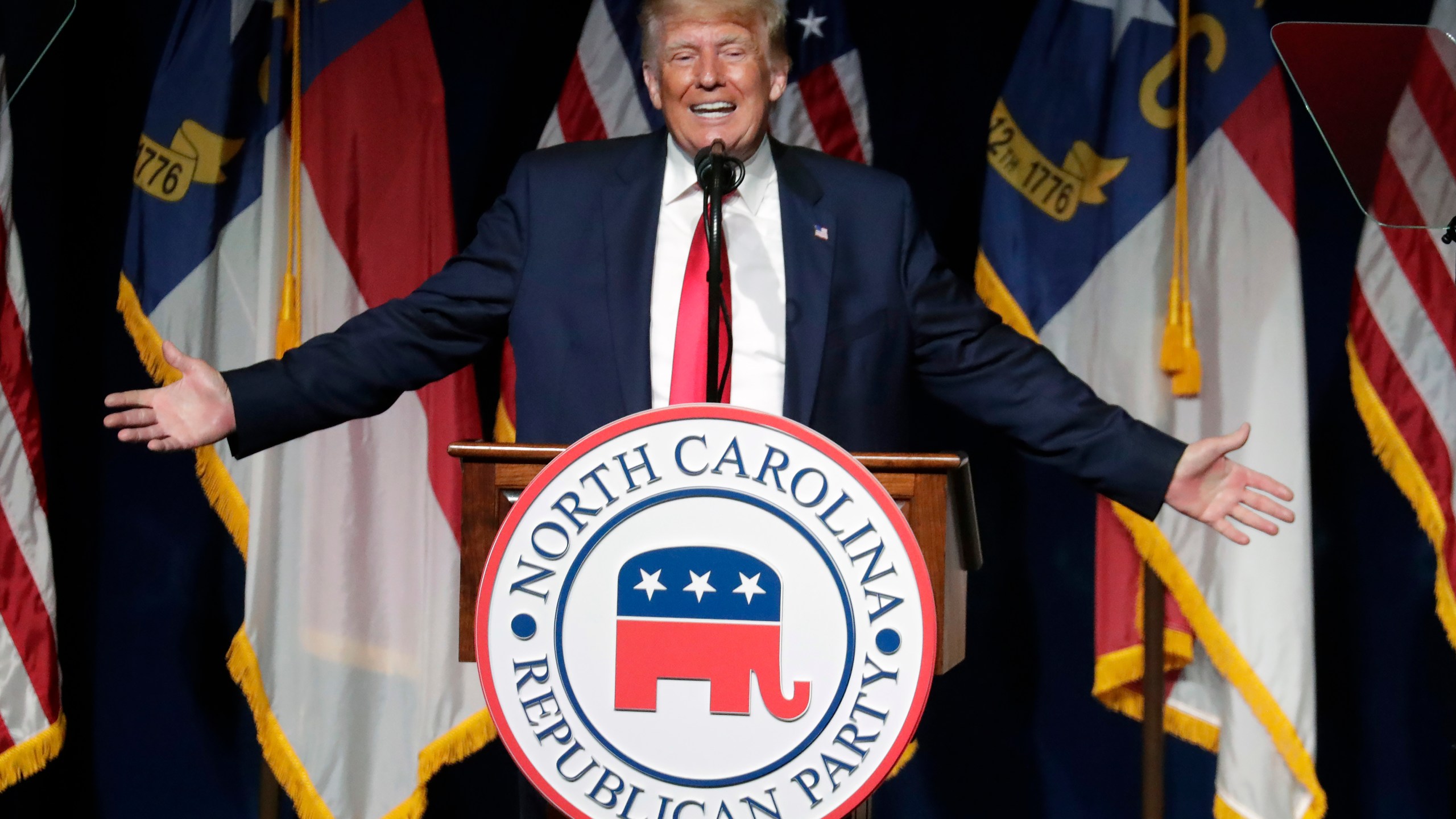 Former President Donald Trump speaks at the North Carolina Republican Convention in Greenville, N.C., on Saturday, June 5, 2021. (AP Photo/Chris Seward)
