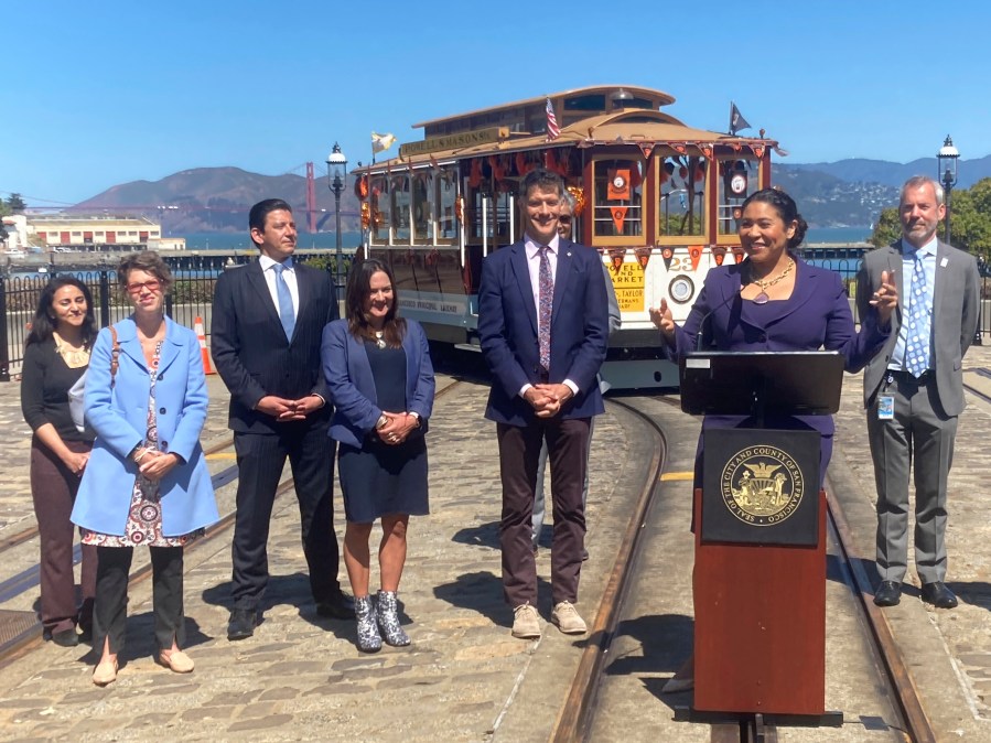Mayor London Breed talks about the return of cable cars during a news conference at the Hyde Street cable car turnaround in San Francisco on June 15, 2021. (Olga Rodriguez/Associated Press)
