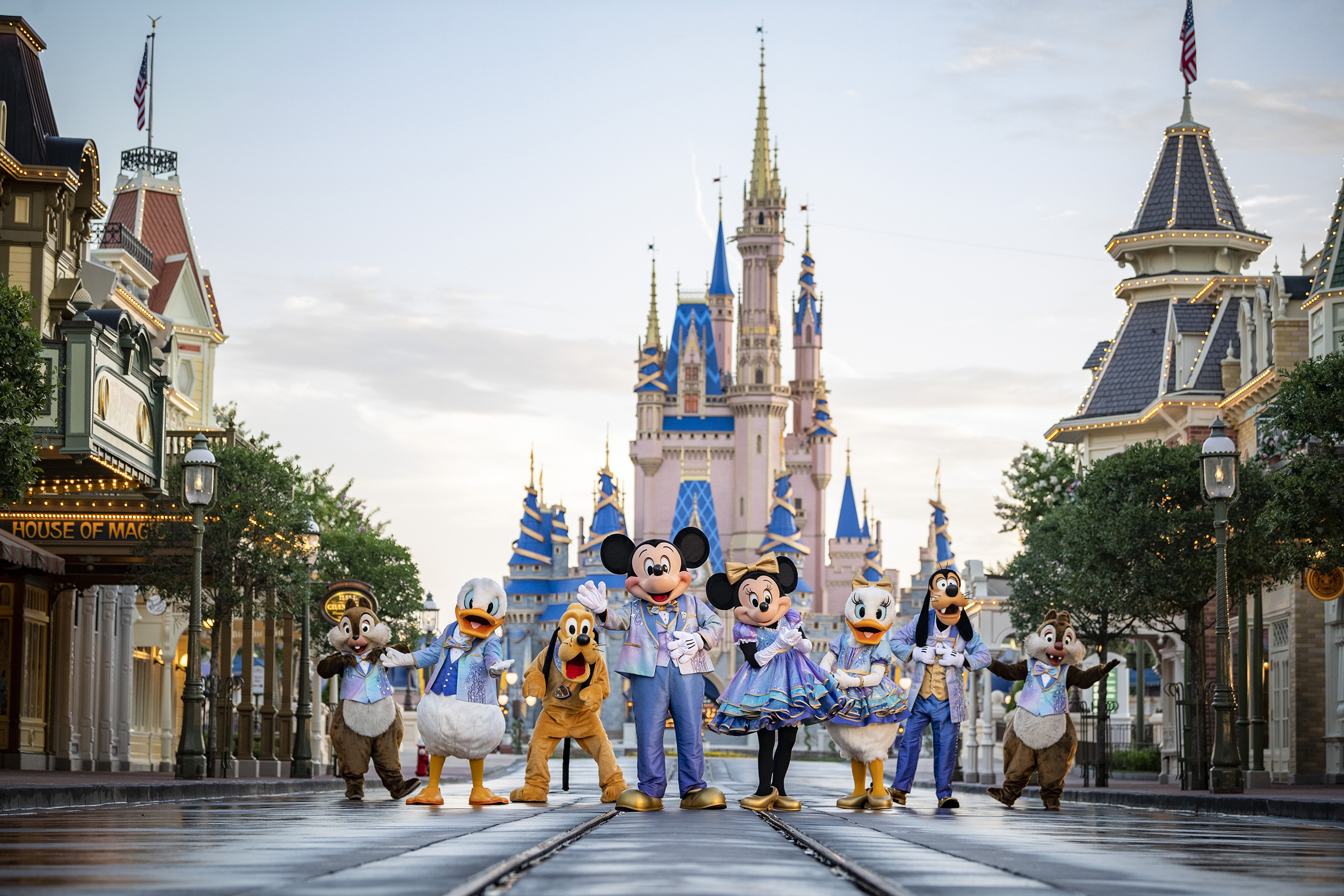 This undated photo provided by Walt Disney World shows Disney characters at Walt Disney World in Lake Buena Vista, Fla. Walt Disney World is planning an 18-month celebration in honor of its 50th anniversary, starting in October 2021. Disney announced Tuesday, June 22 that all four parks at the resort will take part in “The World’s Most Magical Celebration." (Matt Stroshane/Walt Disney World via AP)