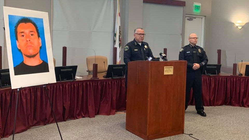 Paso Robles police officials appear at a press conference to discuss a fatal police shooting on July 6, 2021, in an image released by the Police Department.
