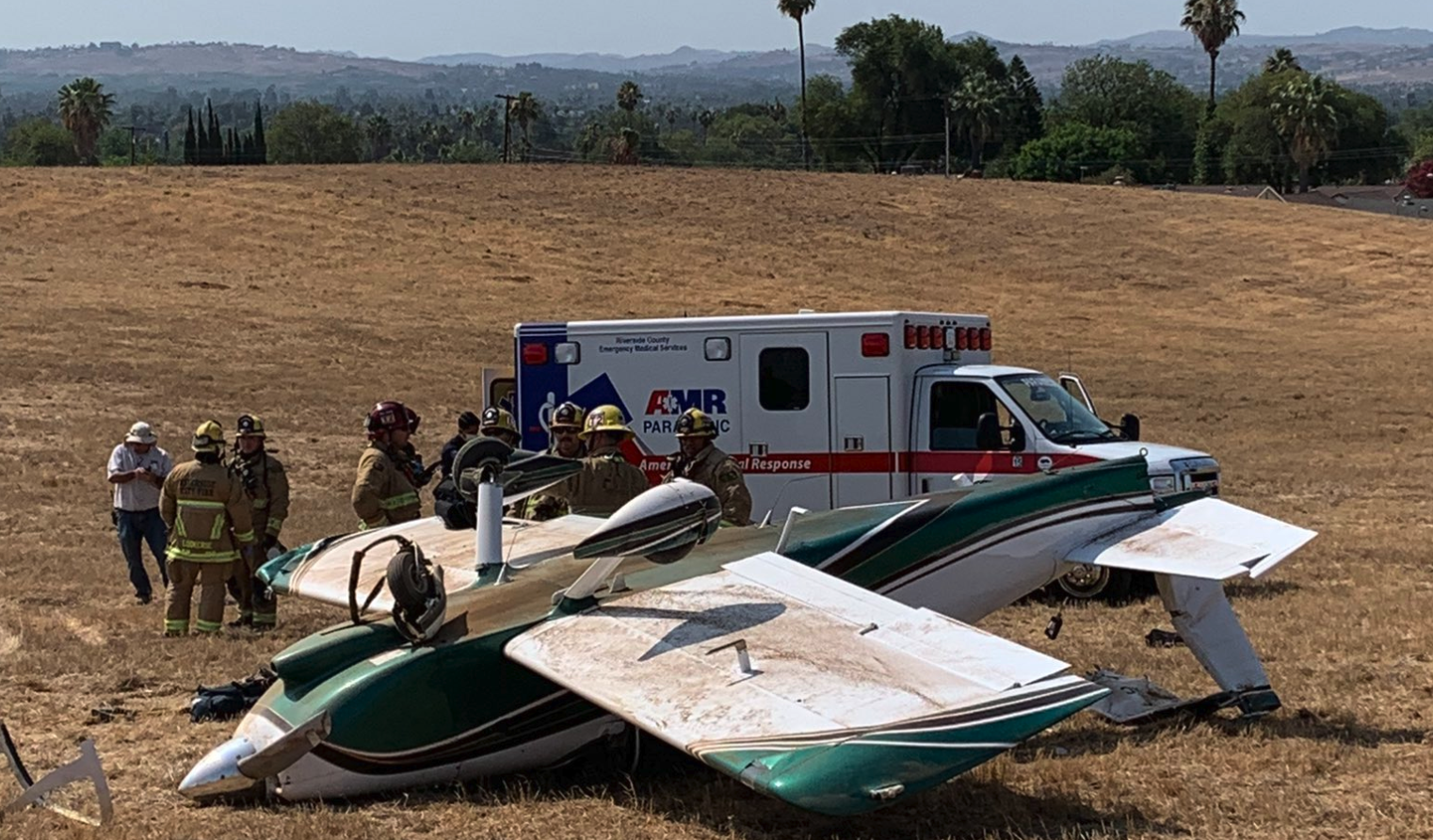 Firefighters and paramedics respond to the scene of a small aircraft crash in Riverside July 15, 2021. (City of Riverside Fire Department)