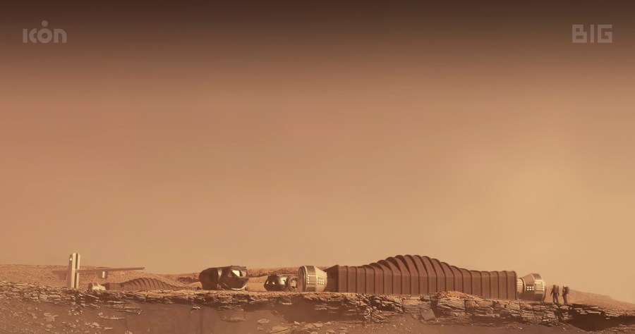 This photo provided by ICON and NASA in August 2021 shows a proposal for the Mars Dune Alpha habitat on Mars. To prepare for eventually sending astronauts to Mars, NASA began taking applications Friday, Aug. 6, 2021, for four people to live for a year in Mars Dune Alpha - a 1,700-square-foot Martian habitat, created by a 3D-printer, and inside a building at Johnson Space Center in Houston. The paid volunteers will work a simulated Martian exploration mission complete with spacewalks, limited communications back home, restricted food and resources and equipment failures. (ICON/NASA via AP)