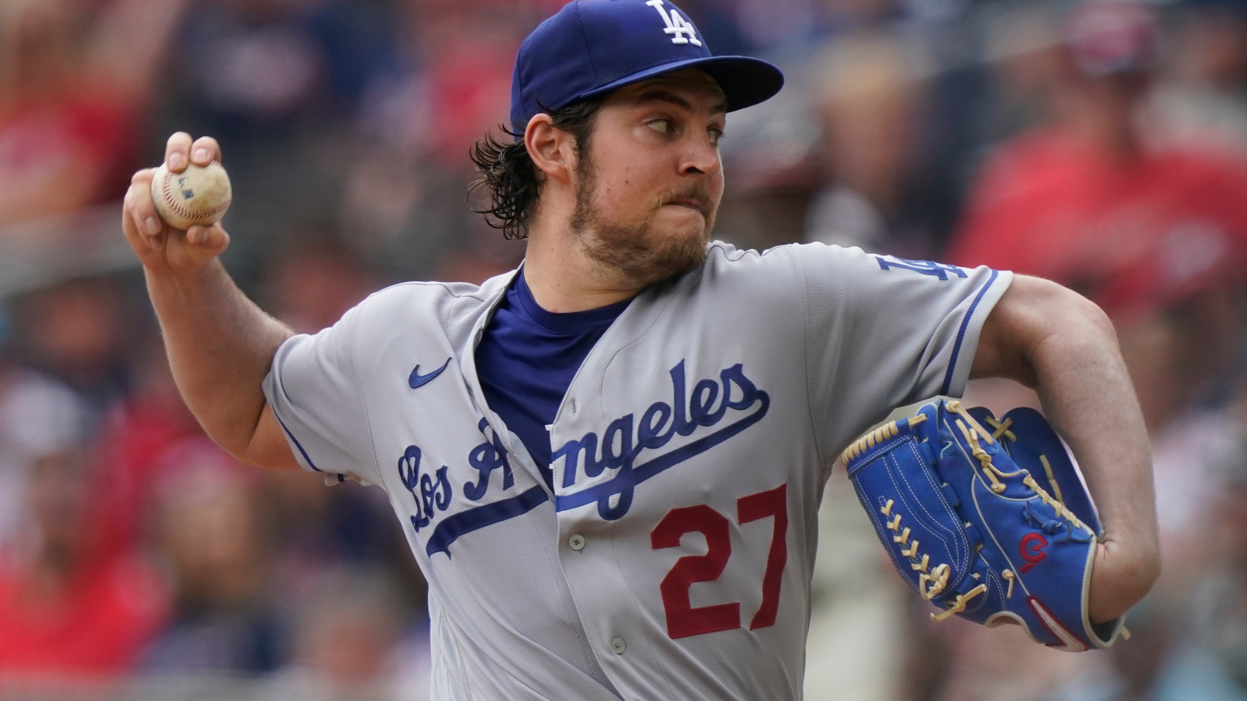Los Angeles Dodgers pitcher Trevor Bauer delivers in the first inning of a baseball game against the Atlanta Braves in Atlanta on June 6, 2021. (Brynn Anderson / Associated Press)