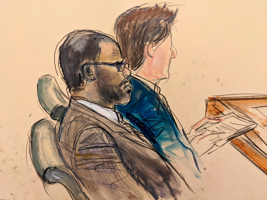 In this courtroom artist's sketch made from a video screen monitor of a Brooklyn courtroom, defendant R. Kelly, left, listens during the opening day of his trial on Aug. 18, 2021, in New York. (AP Photo/Elizabeth Williams)