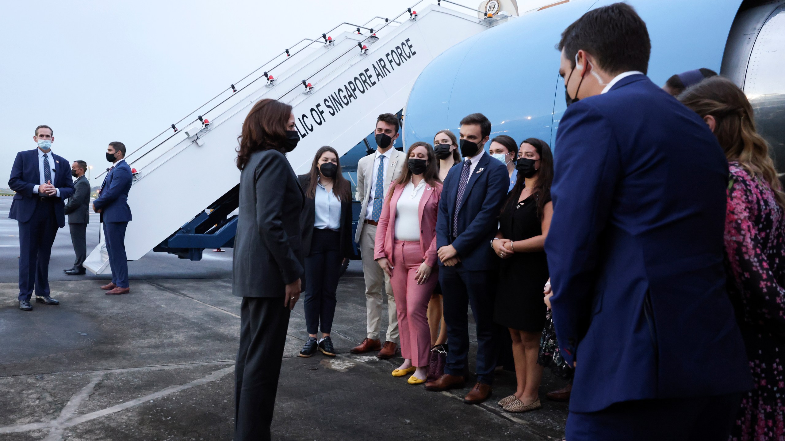 U.S. Vice President Kamala Harris departs Singapore for Vietnam, Tuesday, Aug. 24, 2021. (Evelyn Hockstein/Pool Photo via AP)