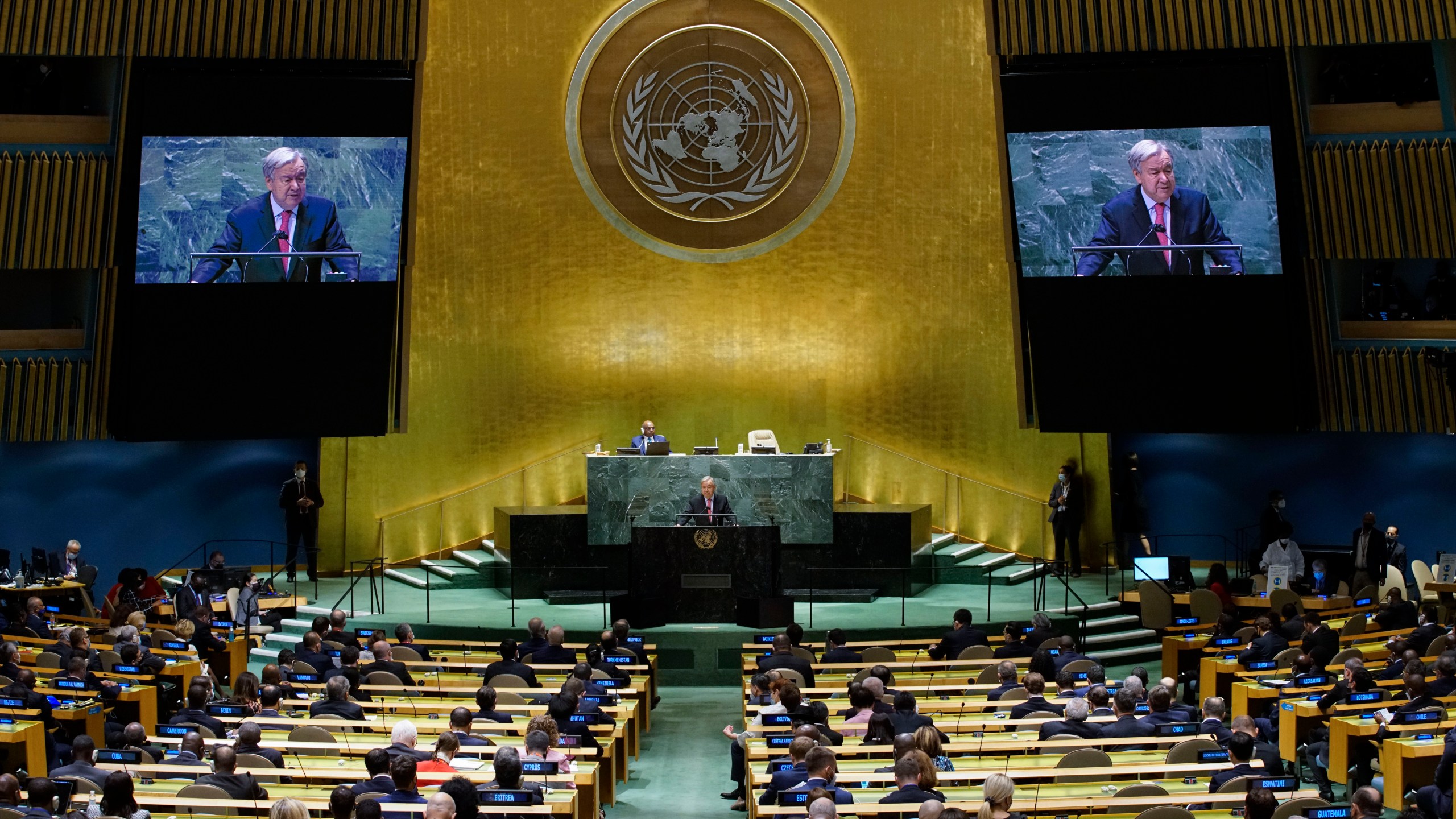 United Nations Secretary General Antonio Guterres addresses the 76th Session of the U.N. General Assembly, Tuesday, Sept. 21, 2021, at United Nations headquarters in New York. (Eduardo Munoz/Pool Photo via AP)