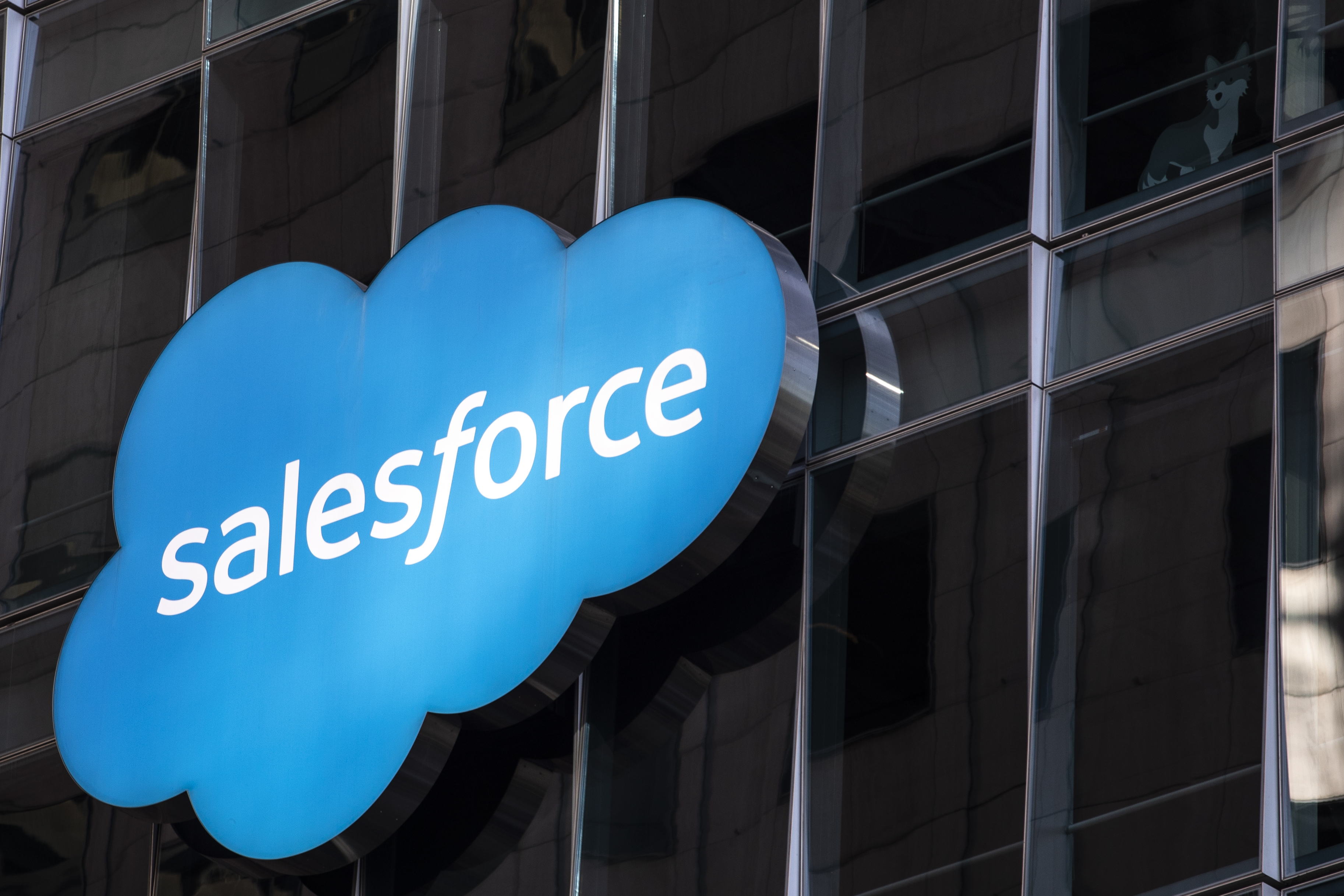The Salesforce logo is seen at its headquarters on December 1, 2020 in San Francisco, California. (Stephen Lam/Getty Images)