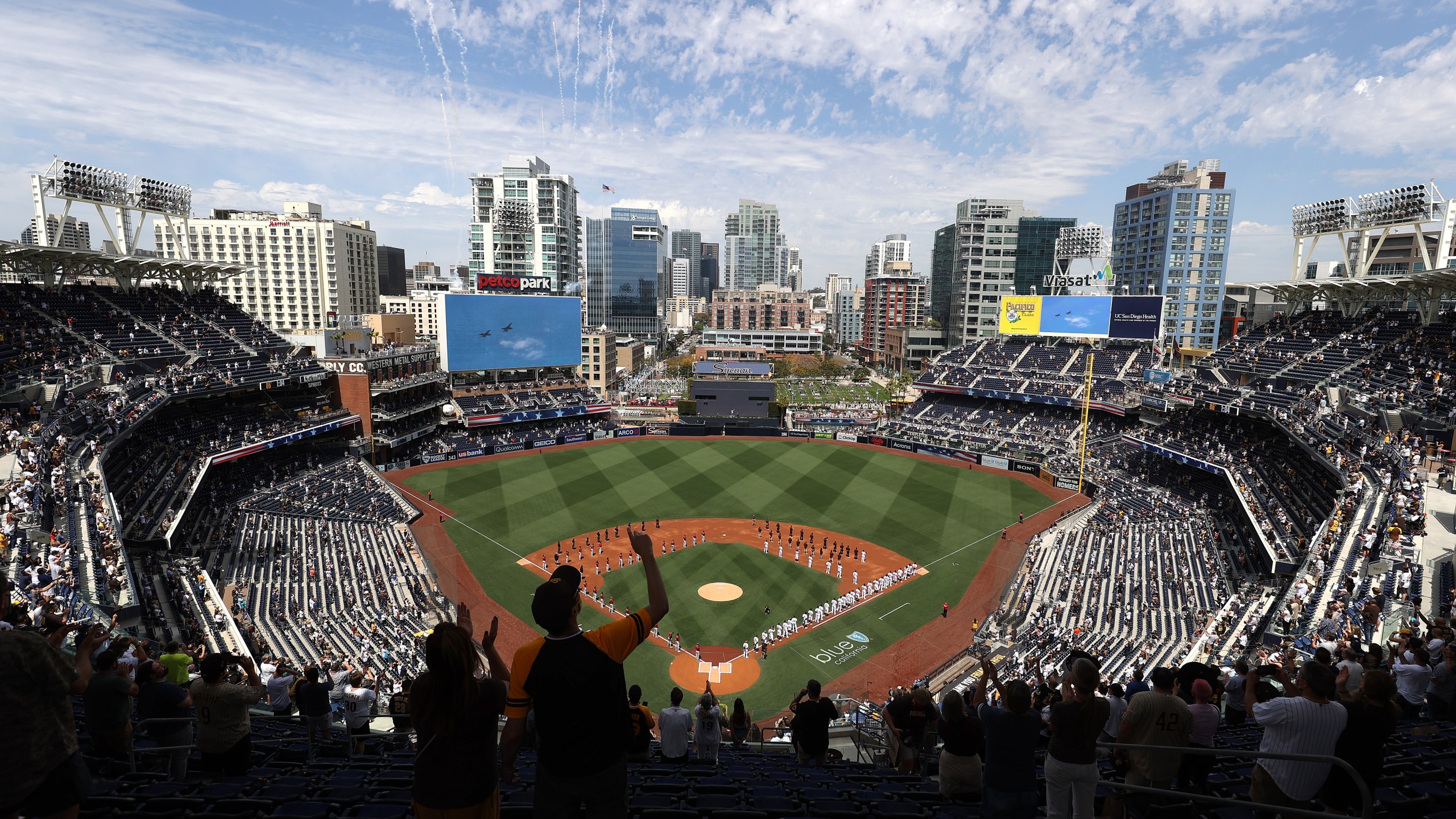 A general view of the stadium as teams were announced prior to a game between the Arizona Diamondbacks and the San Diego Padres on Opening Day at PETCO Park on April 01, 2021 in San Diego, California. (Sean M. Haffey/Getty Images)