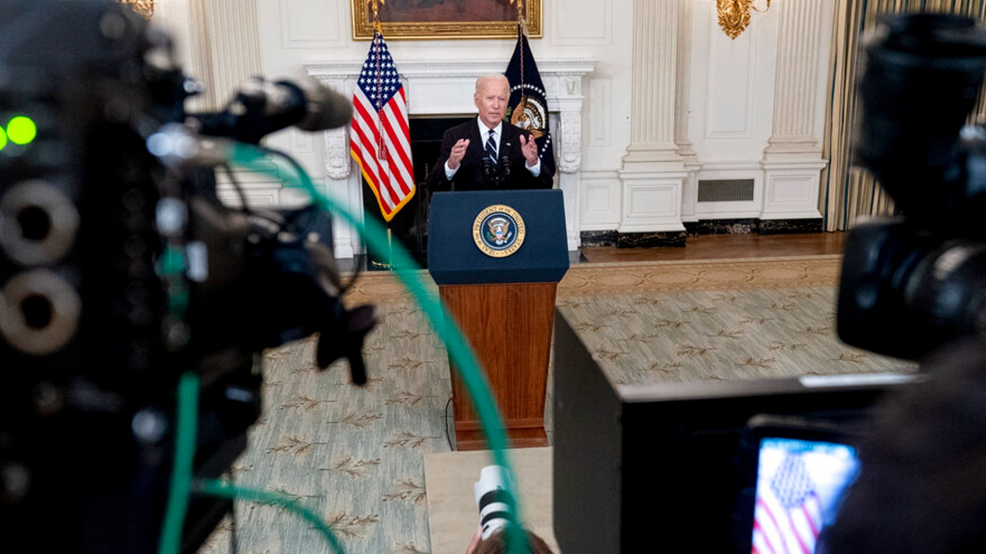 President Joe Biden speaks in the State Dining Room at the White House, Thursday, Sept. 9, 2021, in Washington. (AP Photo/Andrew Harnik)