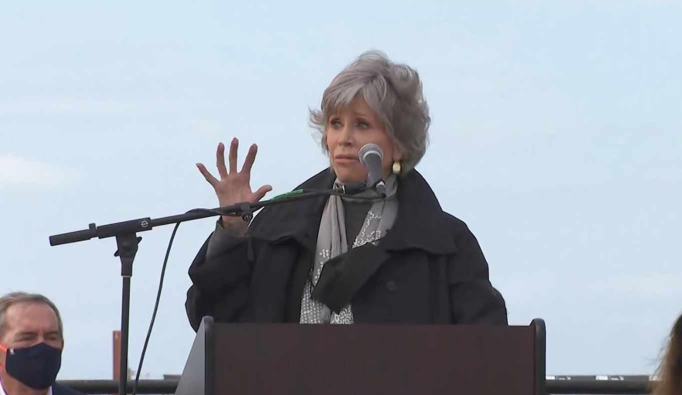 Jane Fonda appeared at a press conference in Laguna Beach on Oct. 18, 2021. (KTLA)