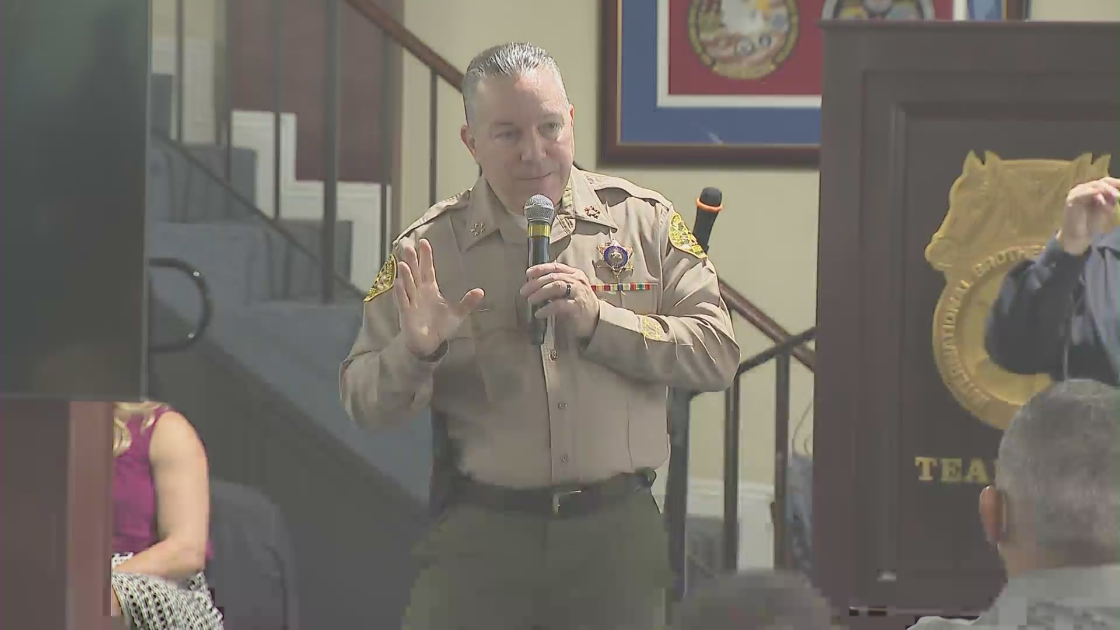 L.A. County Sheriff Alex Villanueva speaks during a meeting on Nov, 16, 2021. (KTLA)