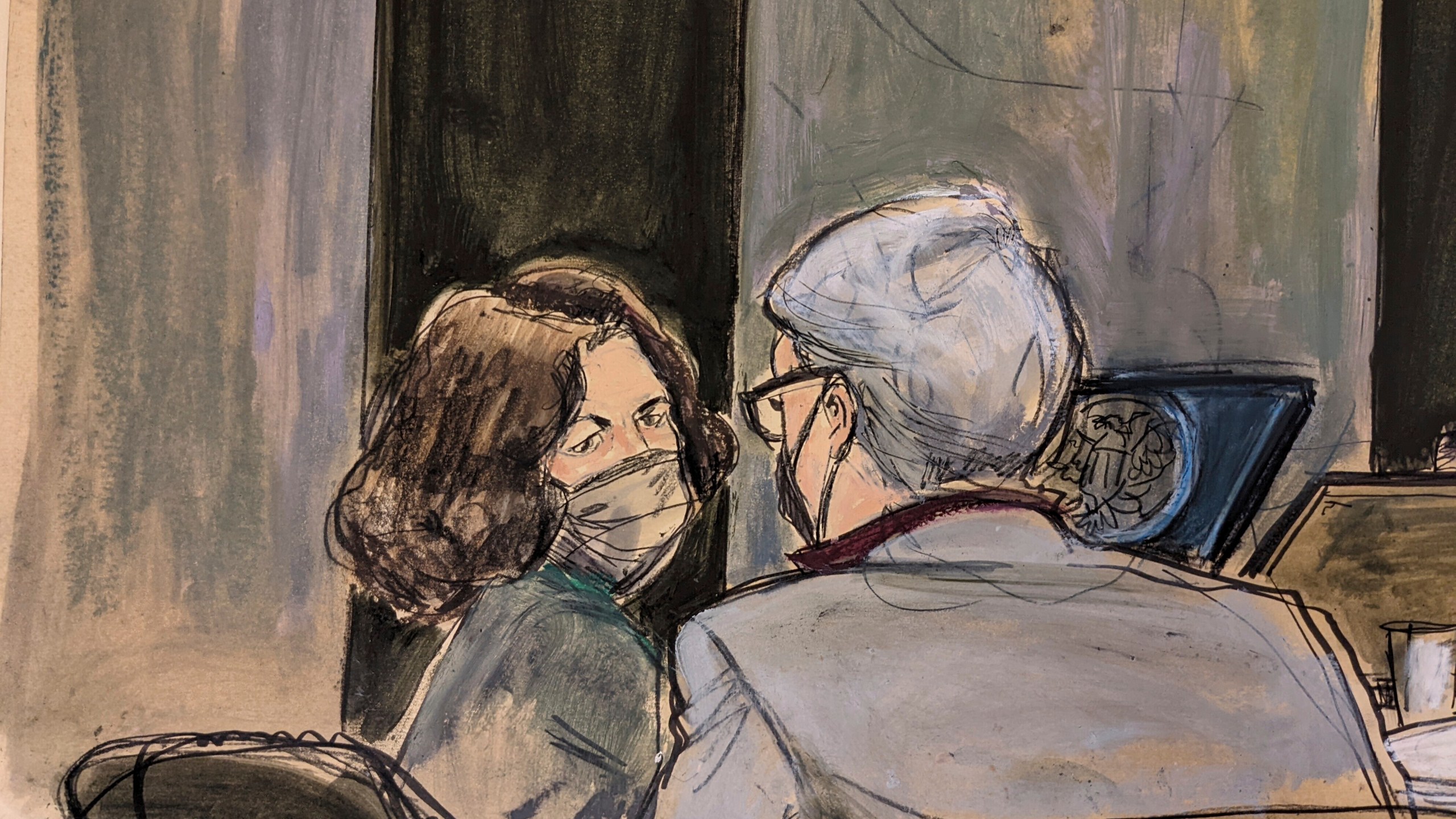 This courtroom sketch shows Ghislaine Maxwell , left, conferring with her defense attorney Bobbi Sternheim before the start of her sex abuse trial on Dec. 9, 2021, in New York. (Elizabeth Williams/Associated Press)