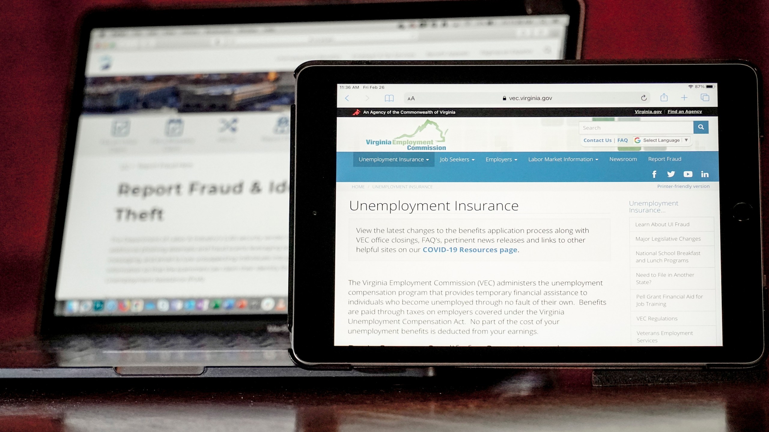 Web pages used to show information for collecting unemployment insurance in Virginia, right, and reporting fraud and identity theft in Pennsylvania, are displayed on the respective state web pages, on Feb. 26, 2021, in Zelienople, Pa. The Secret Service said it has seized more than $1.2 billion while investigating unemployment insurance and loan fraud and has returned more than $2.3 billion of fraudulently obtained funds by working with financial partners and states to reverse transactions. (AP Photo/Keith Srakocic, File)