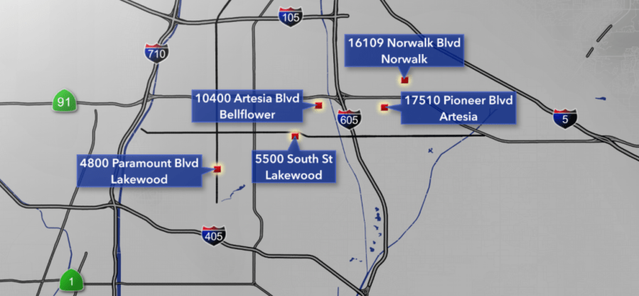 The location of Dec. 20, 2021 robberies that LASD is investigating as possibly being connected. (KTLA)