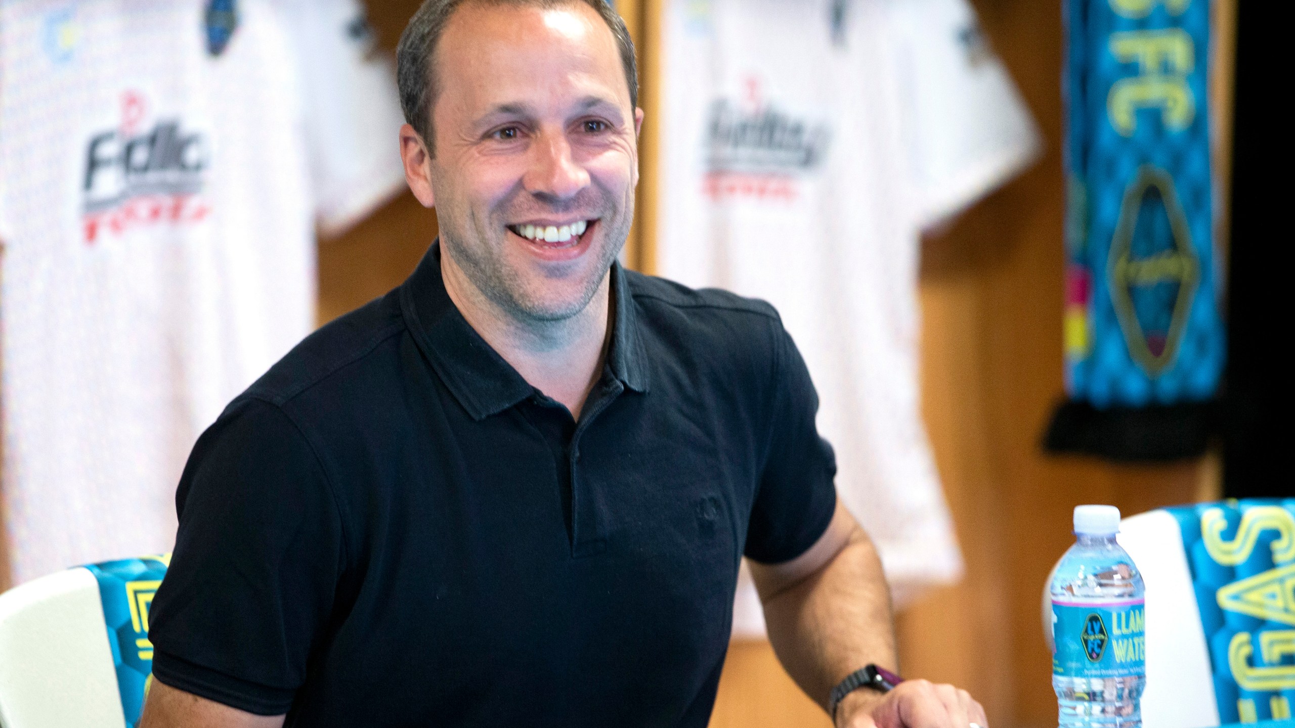 Las Vegas Lights FC head coach Steve Cherundolo responds to a question during a media day news conference at Cashman Field in Las Vegas on June 3, 2021. Cherundolo has been named Los Angeles FC's new head coach. (Steve Marcus/Las Vegas Sun via Associated Press)