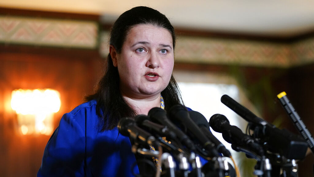 Ukraine's Ambassador to the United States Oksana Markarova speaks during a news conference at the Embassy of Ukraine in Washington, Thursday, Feb. 24, 2022. (AP Photo/Patrick Semansky)