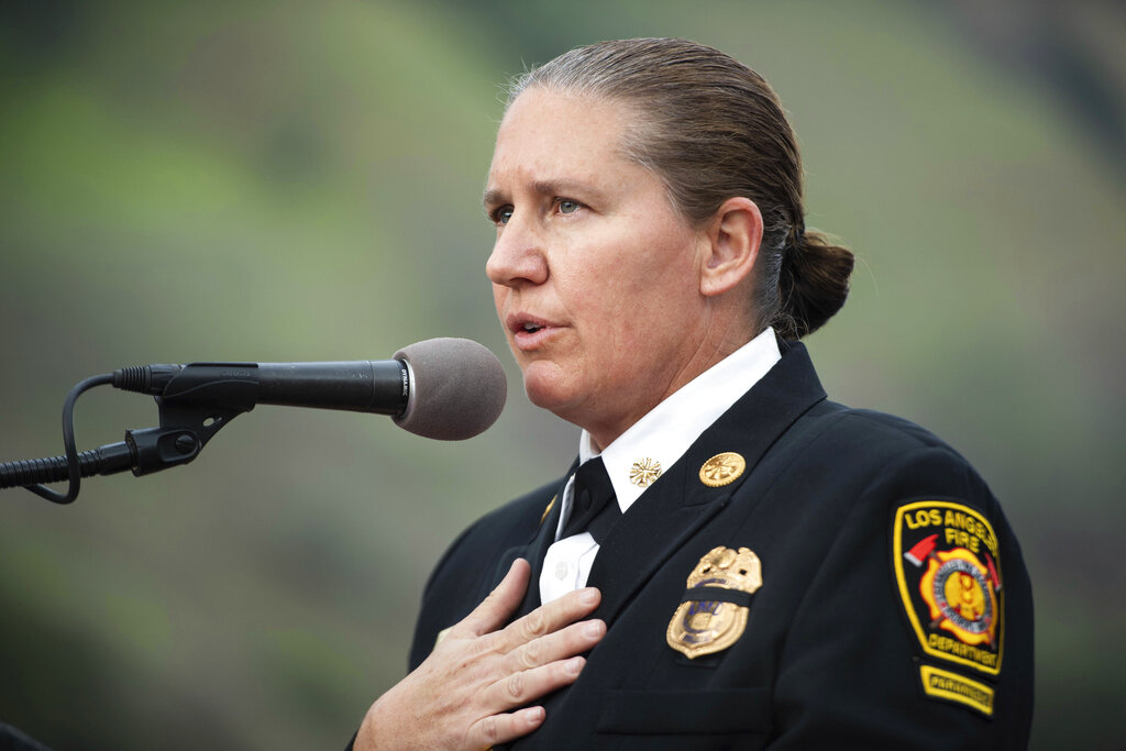 Kristin Crowley speaks to the press after Los Angeles Mayor Eric Garcetti and City Council President Nury Martinez nominated Crowley for chief of the Los Angeles Fire Department on Tuesday, Jan. 18, 2022. (Sarah Reingewirtz/The Orange County Register via AP, File)