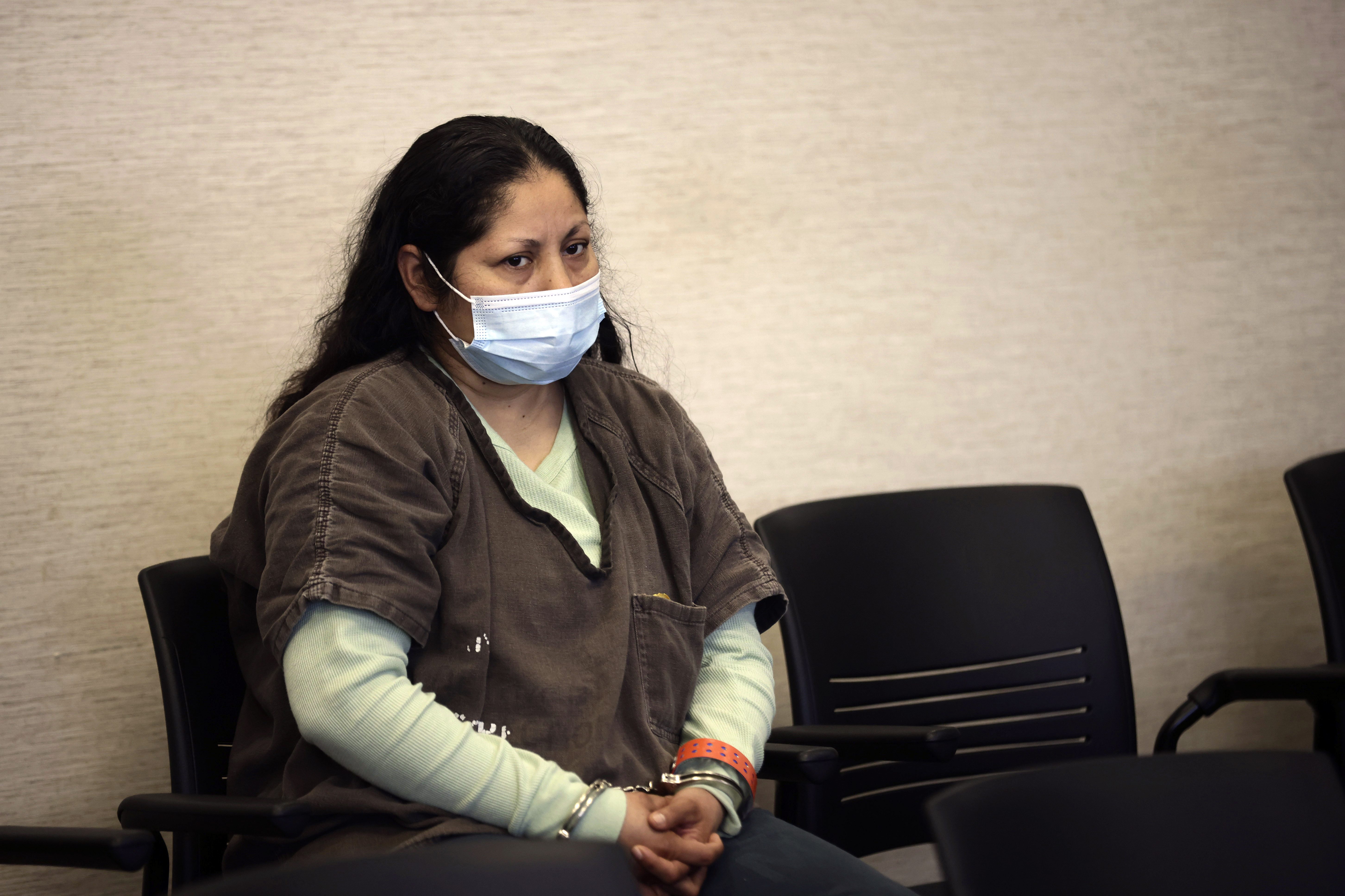 Yesenia Guadalupe Ramirez, one of two suspects charged in connection with the kidnapping of a three-month-old baby in San Jose, appears for her arraignment hearing at the Santa Clara County Hall of Justice on Thursday, April 28, 2022, in San Jose, Calif. The mother of the baby kidnapped from their San Francisco Bay Area home said Ramirez who was arrested in the case met the family at church and had been spending a lot of time with them ever since she was nine months pregnant. (Dai Sugano/Bay Area News Group via AP, Pool)