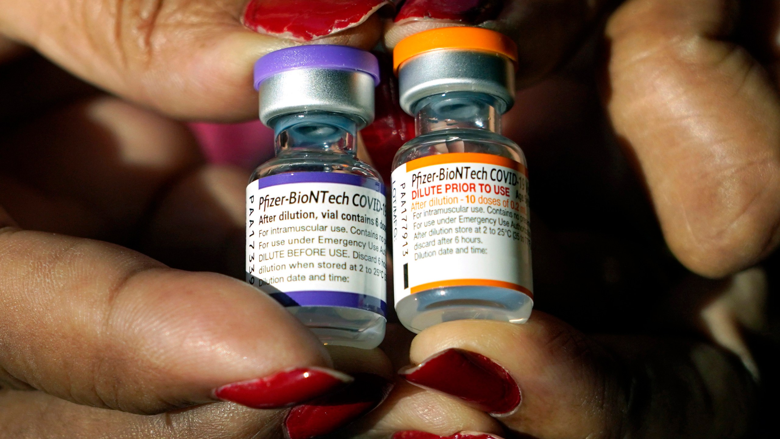A nurse holds a vial of the Pfizer COVID-19 vaccine for children ages 5 to 11, right, and a vial of the vaccine for adults, which has a different colored label, at a vaccination station in Jackson, Miss., Tuesday, Feb. 8, 2022. (AP Photo/Rogelio V. Solis, File)