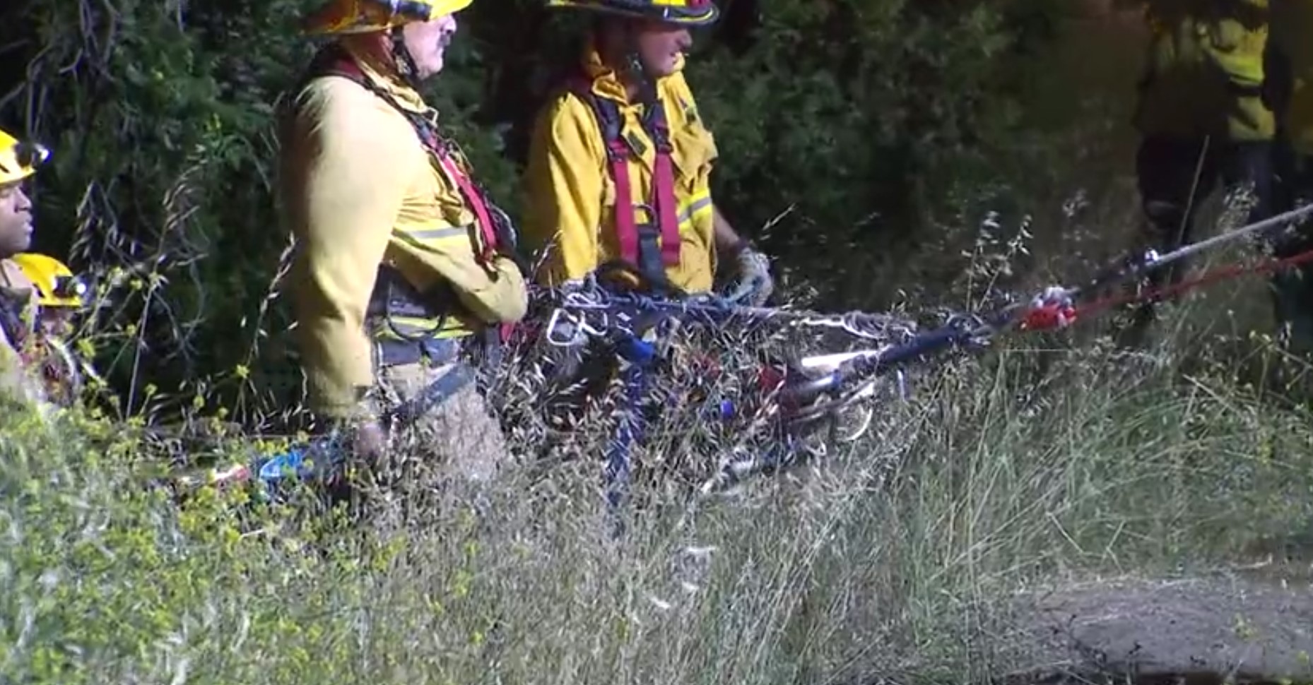 A driver had to be rescued from their vehicle after it fell down a hillside in Hollywood Hills West on May 11, 2022. (KTLA)