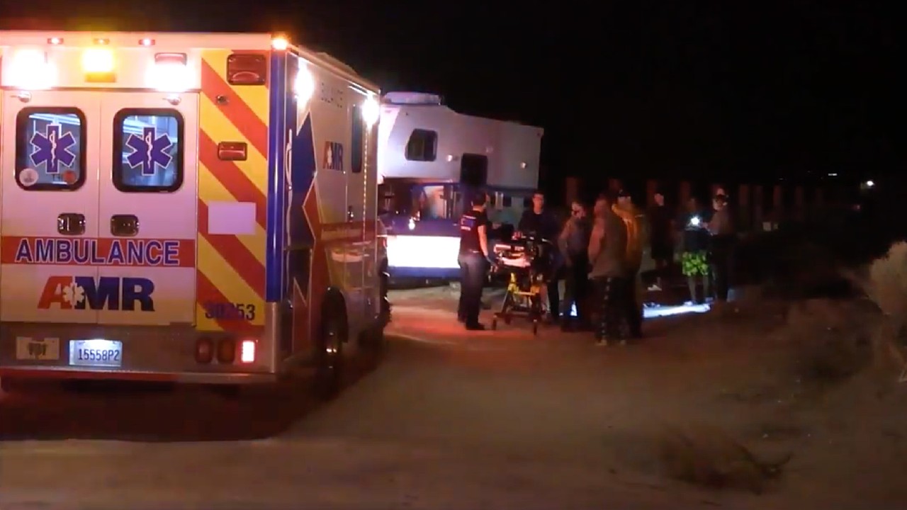 Los Angeles County Fire Department personnel respond to an injured female near Lake Los Angeles on May 20, 2022. (Don Luis Meza)