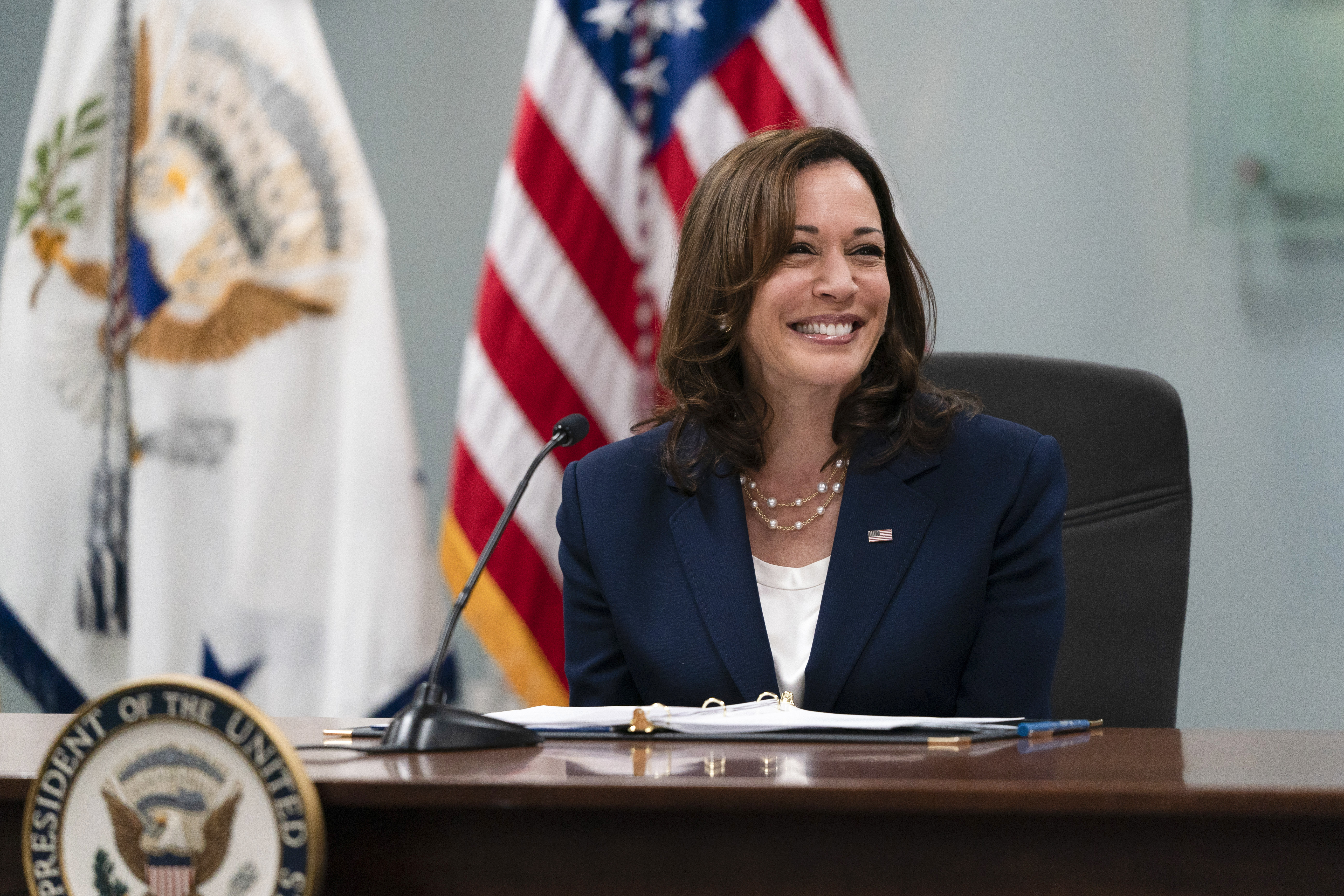 Vice President Kamala Harris smiles while speaking during a roundtable discussion with faith leaders in Los Angeles, Monday, June 6, 2022. (AP Photo/Jae C. Hong)