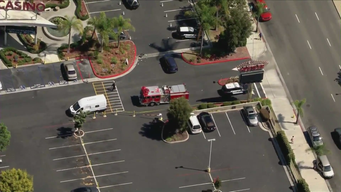 Authorities respond to a shooting investigation involving an armored van outside Hustler Casino in Gardena on Aug. 4, 2022. (KTLA)