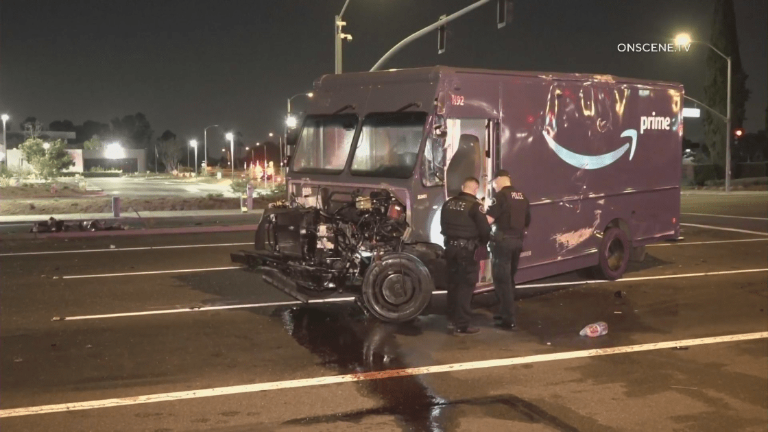 A heavily damaged Amazon delivery truck is seen in the aftermath of a fatal crash in Cypress on Aug. 21, 2022. (OnScene.TV)
