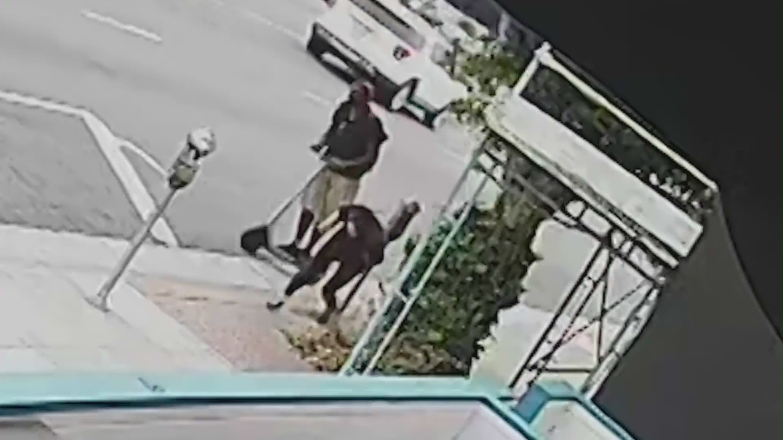 Video shared with KTLA shows the moment after a man hit a woman in the back of the head with a fire extinguisher on Oct. 1, 2022.