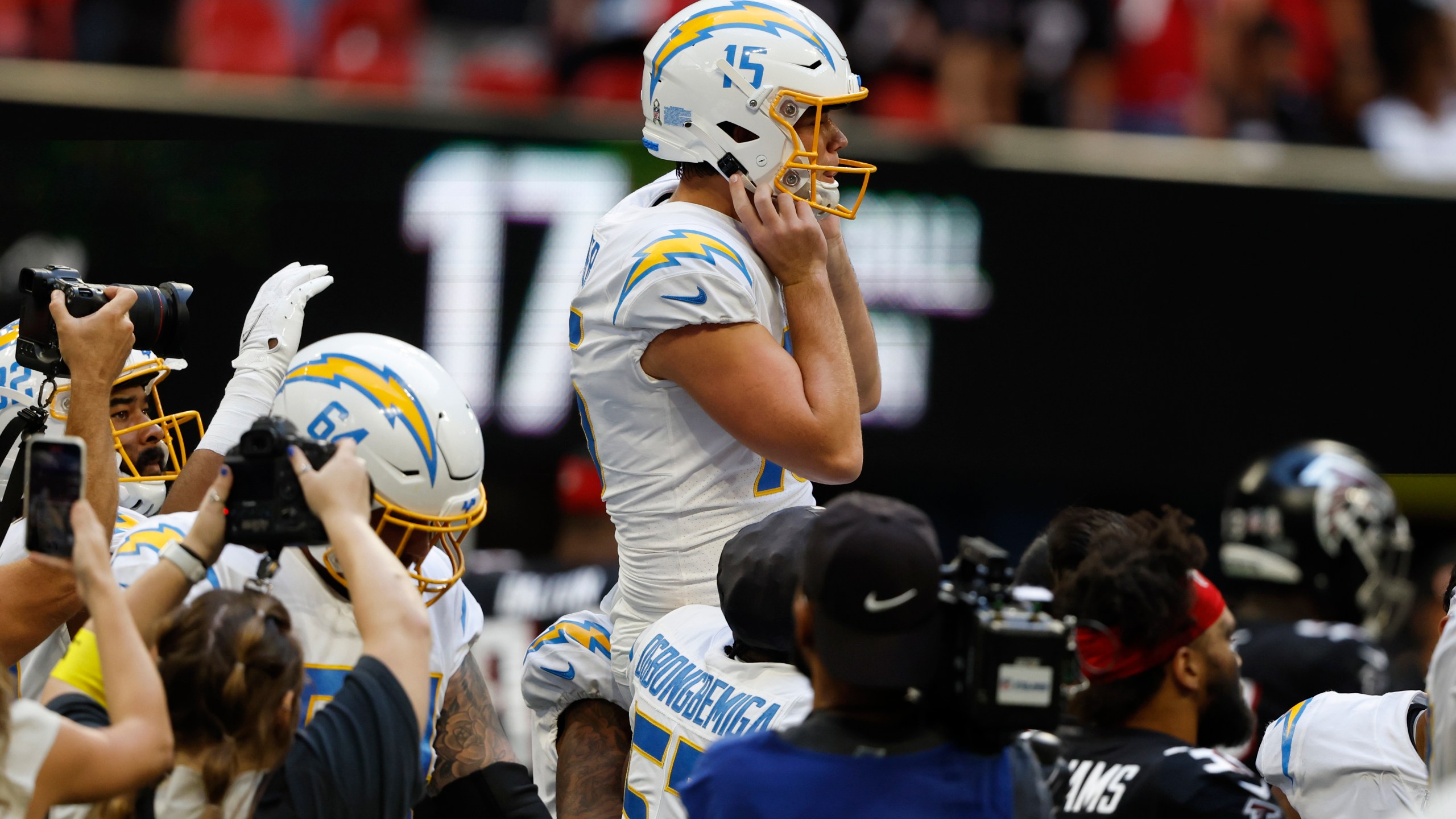 Los Angeles Chargers place kicker Cameron Dicker celebrates after kicking a 37-yard field goal on the final play of an NFL football game against the Atlanta Falcons, Sunday, Nov. 6, 2022, in Atlanta. The Chargers won 20-17. (AP Photo/Butch Dill)