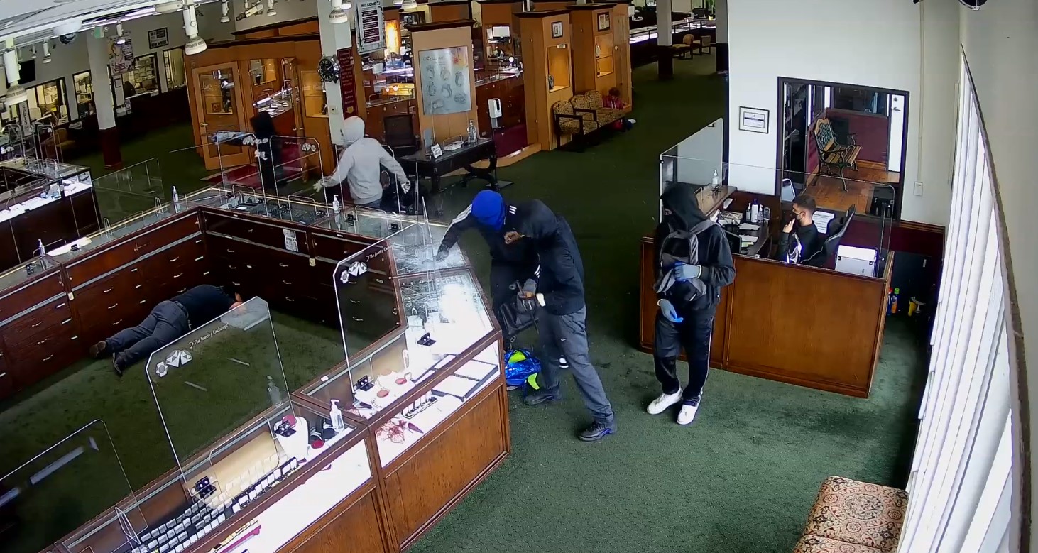 Six smash-and-grab robbers took tens of thousands in jewelry in Tustin on April 28, 2022. (Tustin Police Department)