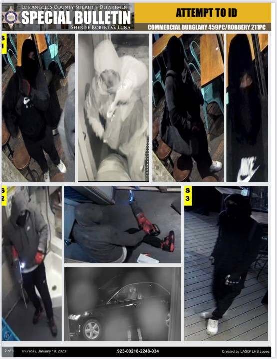 The Los Angeles County Sheriff's Department released these photos of the suspects in a Jan. 16, 2023, commercial robbery.