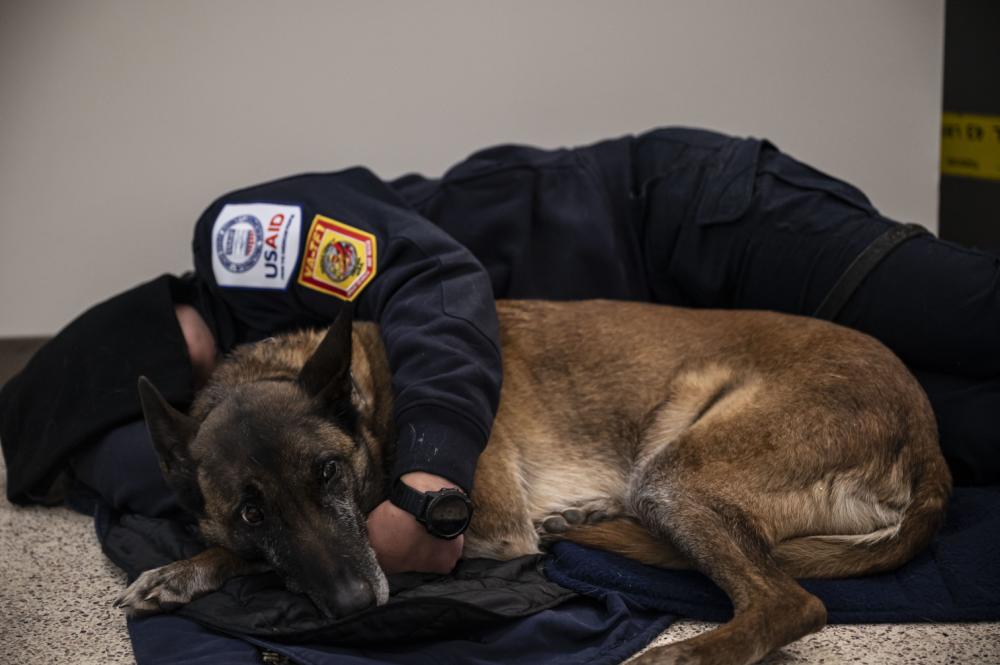 An Urban Search and Rescue member from Fairfax County, Virginia, rests with her canine prior to boarding a C-17 Globemaster III on Dover Air Force Base, Delaware, Feb. 7, 2023. (U.S. Air Force photo by Staff Sgt. Marco A. Gomez)