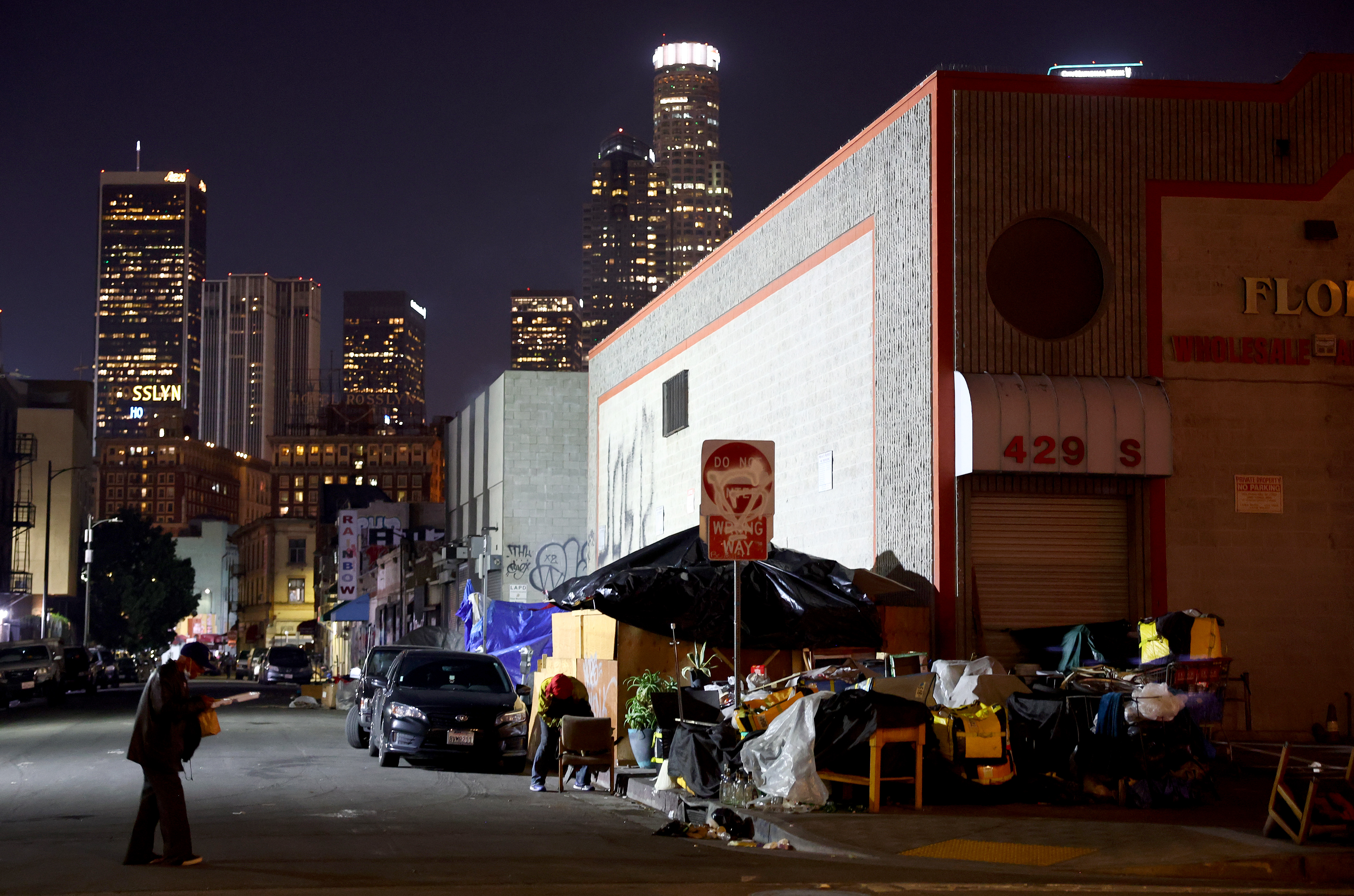 A homeless encampment lines a sidewalk in Los Angeles in this file image. (Mario Tama/Getty Images)